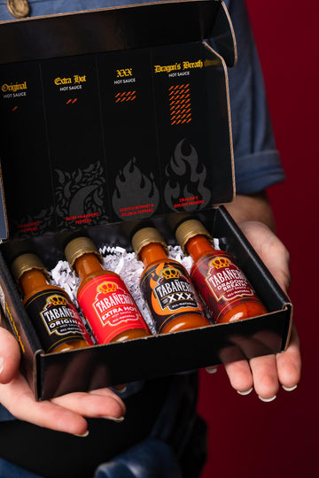 Tabanero Mini Hot Sauce Challenge Box - Original, Extra Hot, XXX Hot & Dragon’s Breath - Gluten Free, Vegan, 4-Pack, 1.7 oz Bottles