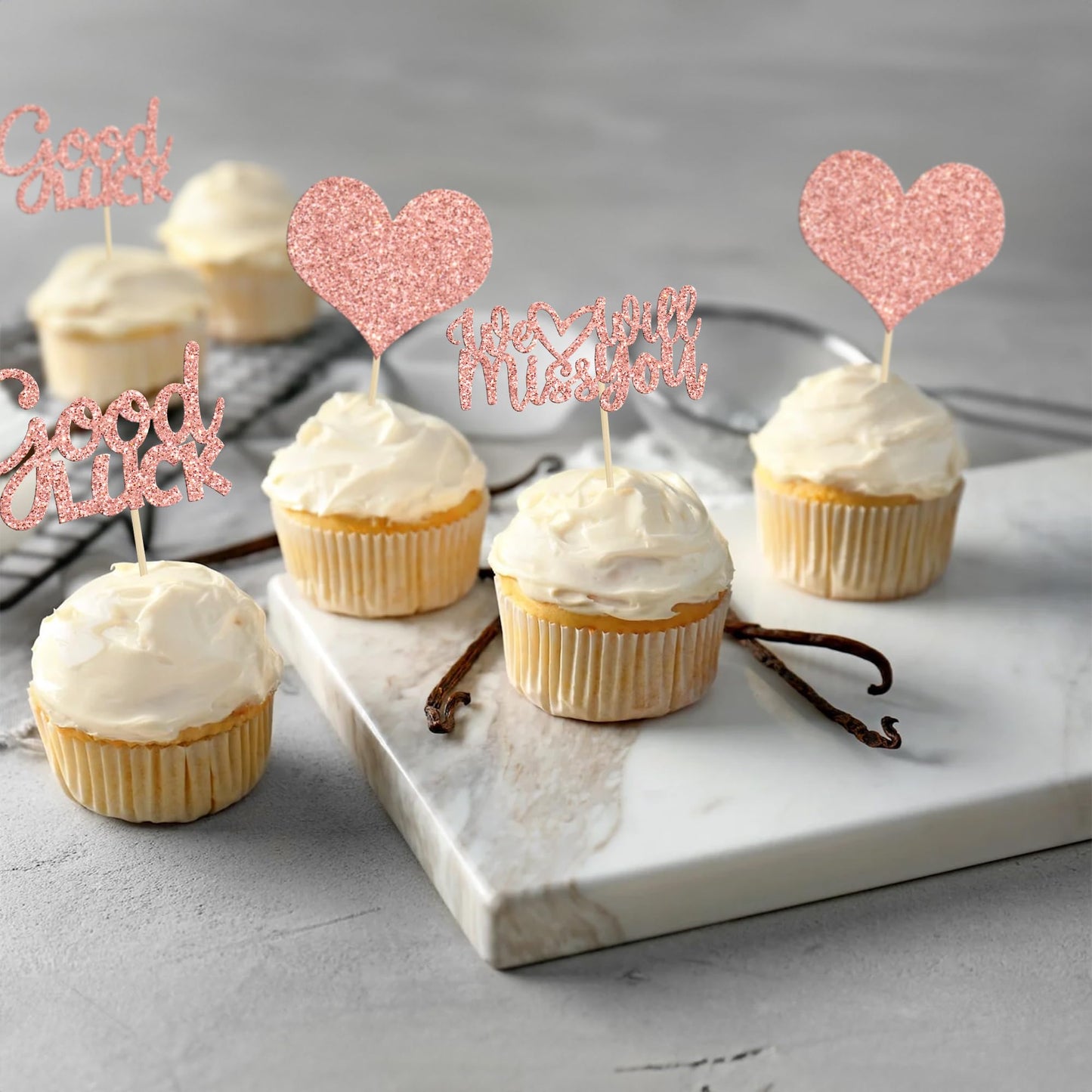 Gyufise Cupcake Toppers, 36Pcs Rose Gold Glitter Heart Picks, Paper Decorations for Retirement and Going Away Parties, Small Size