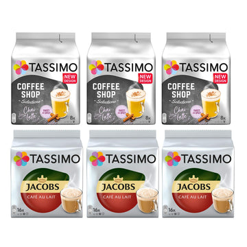 Tassimo Coffee Selection - Jacobs Caf   Au Lait & Chai Latte Coffee Pods - 6 Packs (72 Servings)