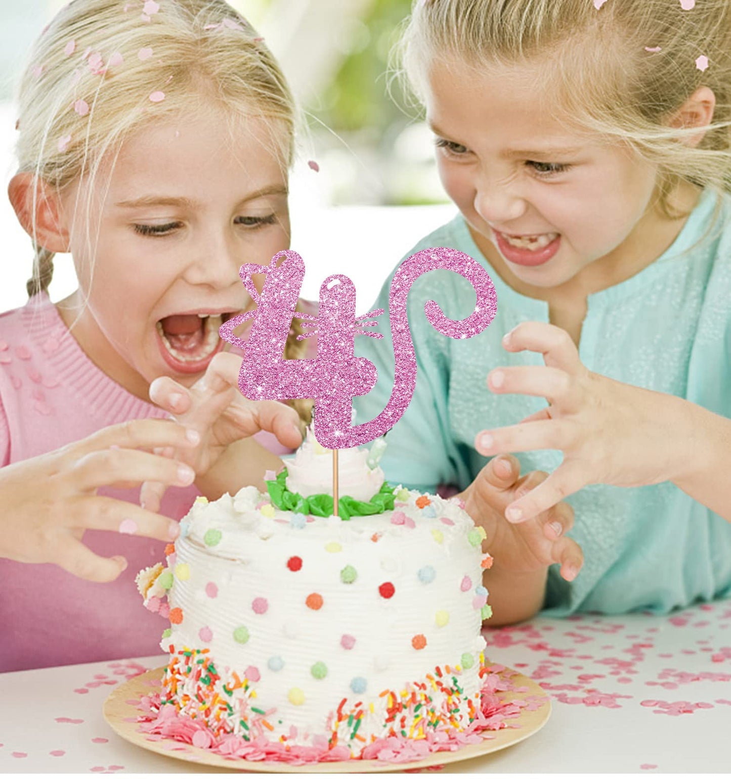 MINUET MINUTE Cat Four Cake Topper, Pink Glitter, Happy 4th Birthday Decoration for Baby Girl