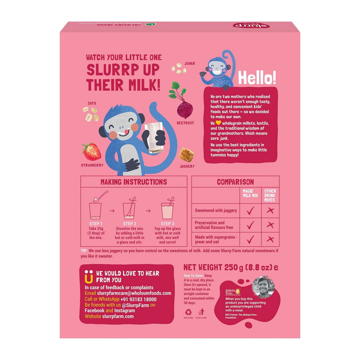 Slurrp Farm No Sugar Berry Blast Milk Mix, Sweetened With Jaggery Powder, Contains Oats And Jowar, With 10 Essential Nutrients,