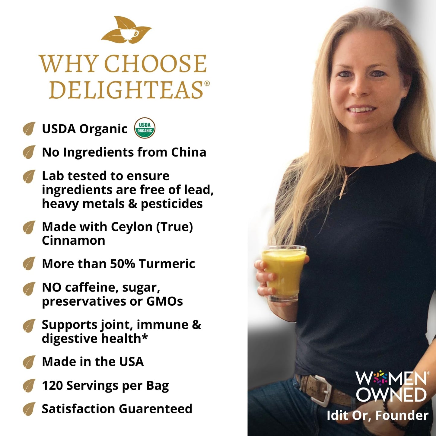 DelighTeas Organic Golden Milk Powder with Turmeric, Ginger, Ceylon Cinnamon - Vegan, Non-GMO, Keto - 5 oz.