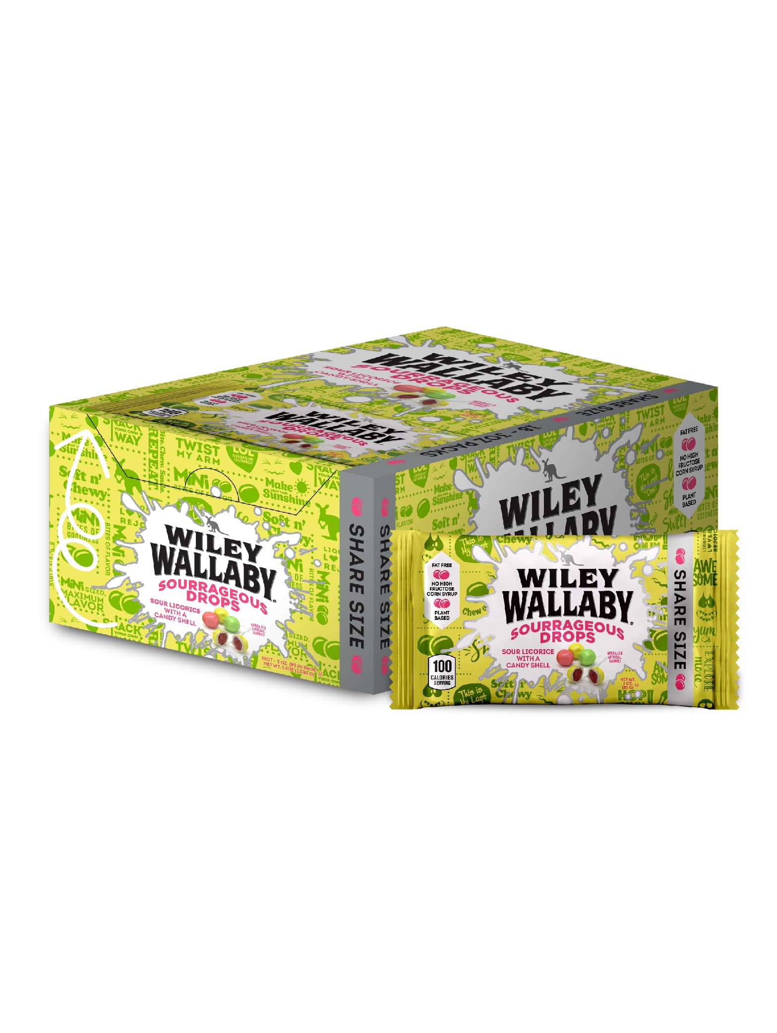 Wiley Wallaby Licorice Candy Bites 3.0 Ounce Gourmet Sourrageous Drops In Mini Candy Bags, 18 Pack