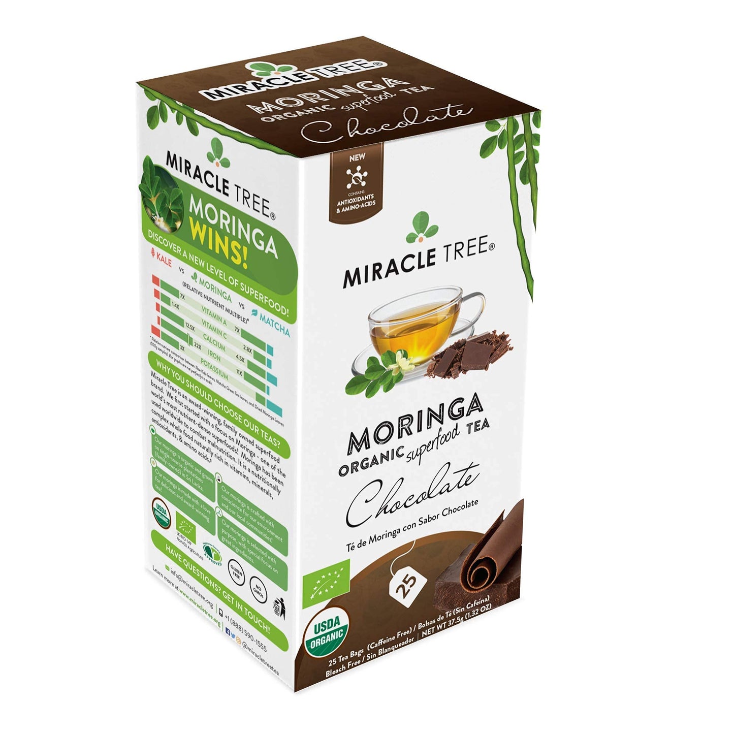 Tree - 3 Count Of Organic Moringa Superfood Tea, 25 Individually Sealed Tea Bags, Chocolate (Keto, Detox, Energy/Immunity Booster, Vegan, Gluten-Free, Organic, Non-Gmo, Caffeine-Free)