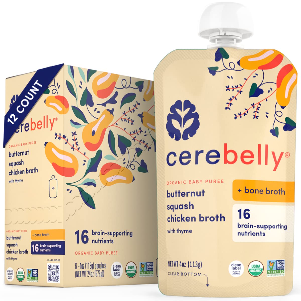 Cerebelly Organic Butternut Squash & Chicken Bone Broth Puree | 6+ Stage 1 2 Months Baby Food Pouches | Non-Gmo, Tested For Heav