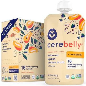 Cerebelly Organic Butternut Squash & Chicken Bone Broth Puree | 6+ Stage 1 2 Months Baby Food Pouches | Non-Gmo, Tested For Heav