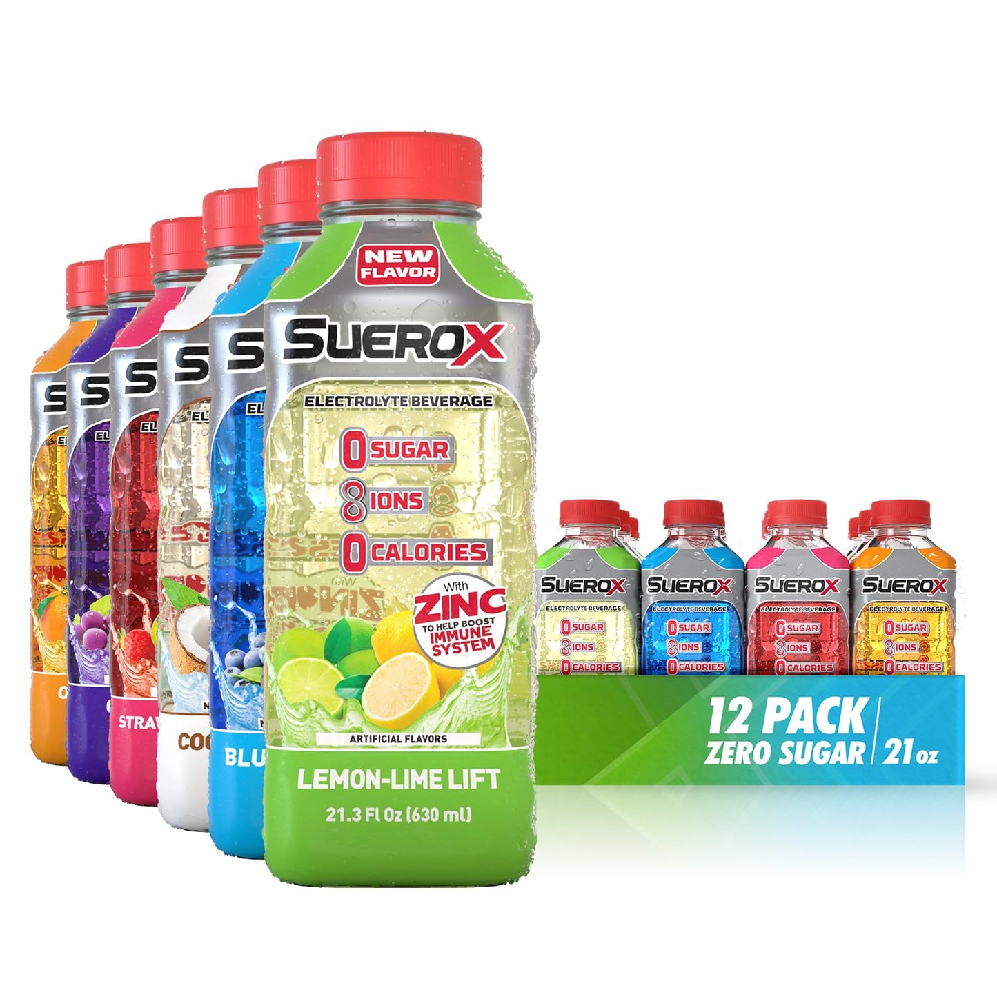 SueroX Zero Sugar Electrolyte Drink, Unique Electrolyte Blend, 12 Pack, 21.3 Fl Oz Each, No Color