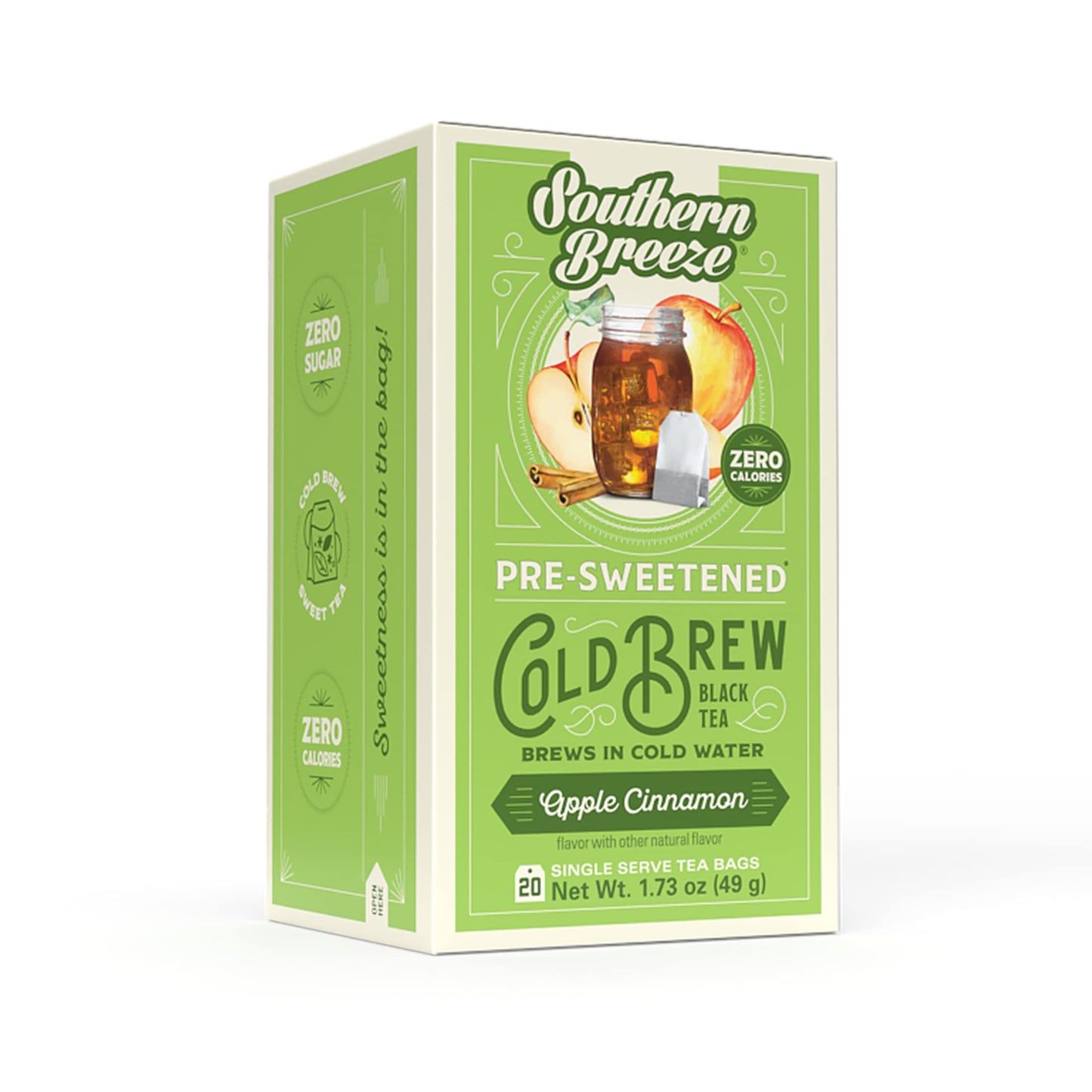 Southern Breeze Cold Brew Sweet Tea Apple Cinnamon Iced Tea With Black Tea And Zero Carbs Zero Sugar, 20 Individually Wrapped Tea Bags
