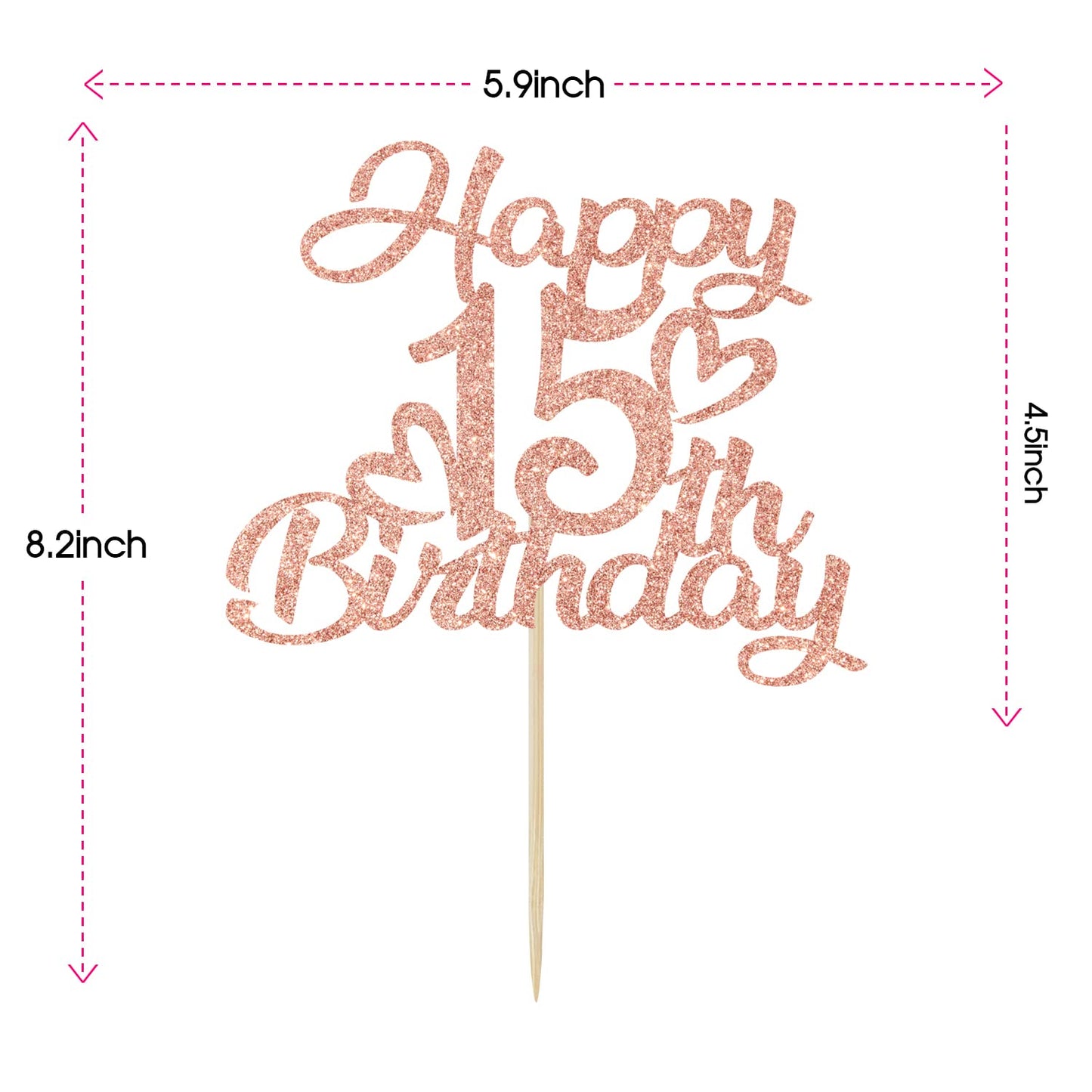 Unoggsor Rose Gold Glitter Happy 15Th Birthday Cake Topper - Hello 15, Cheers To 15 Years, 15 & Fabulous, 15Th Birthday/Annivers