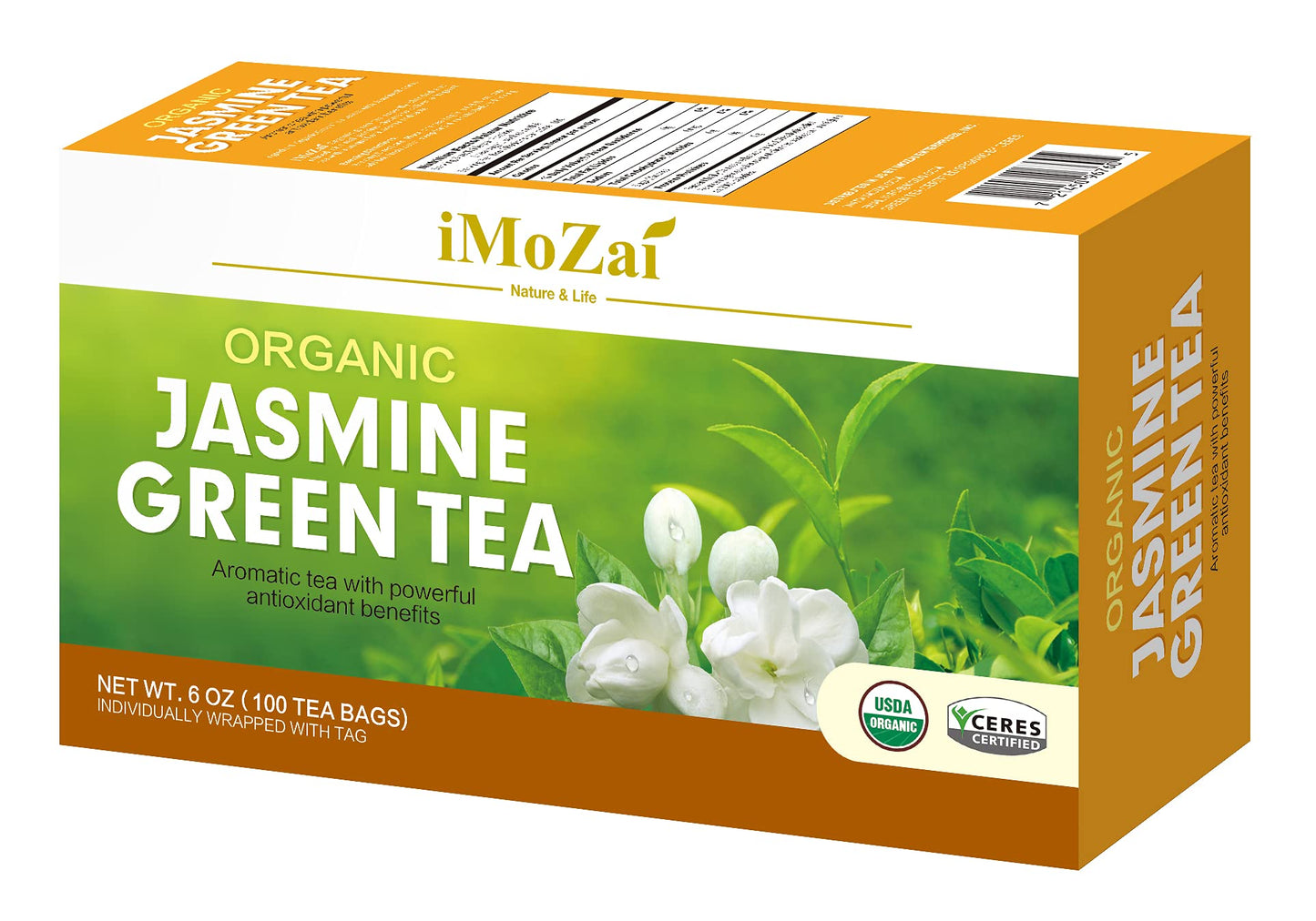 iMoZai Organic Jasmine Green Tea Bags - Lower Caffeine, Floral Aroma - 100 Count Individually Wrapped