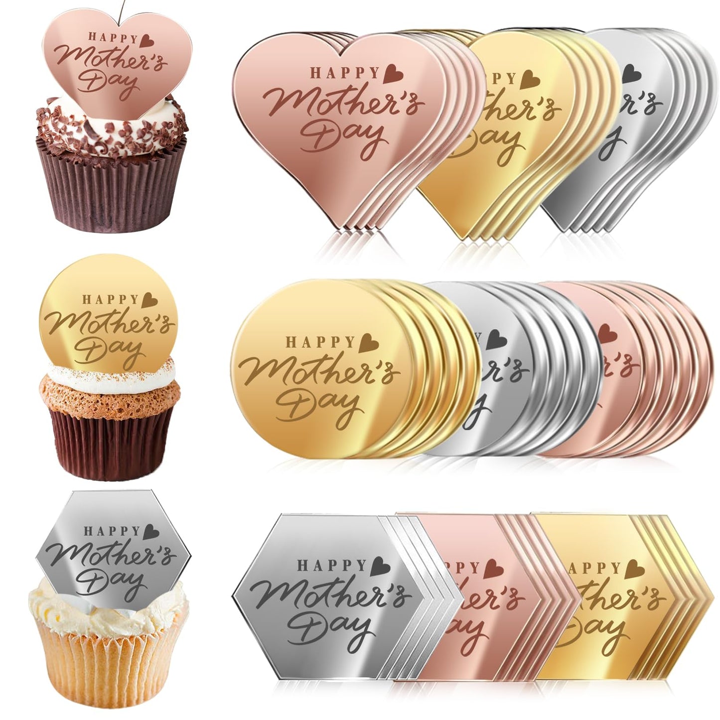 Ansee 45PCS Cake Toppers - Mirror Acrylic Cupcake Picks, Multi-shape, Gold, Silver, Rose Gold for Birthdays, Anniversaries, Pastries