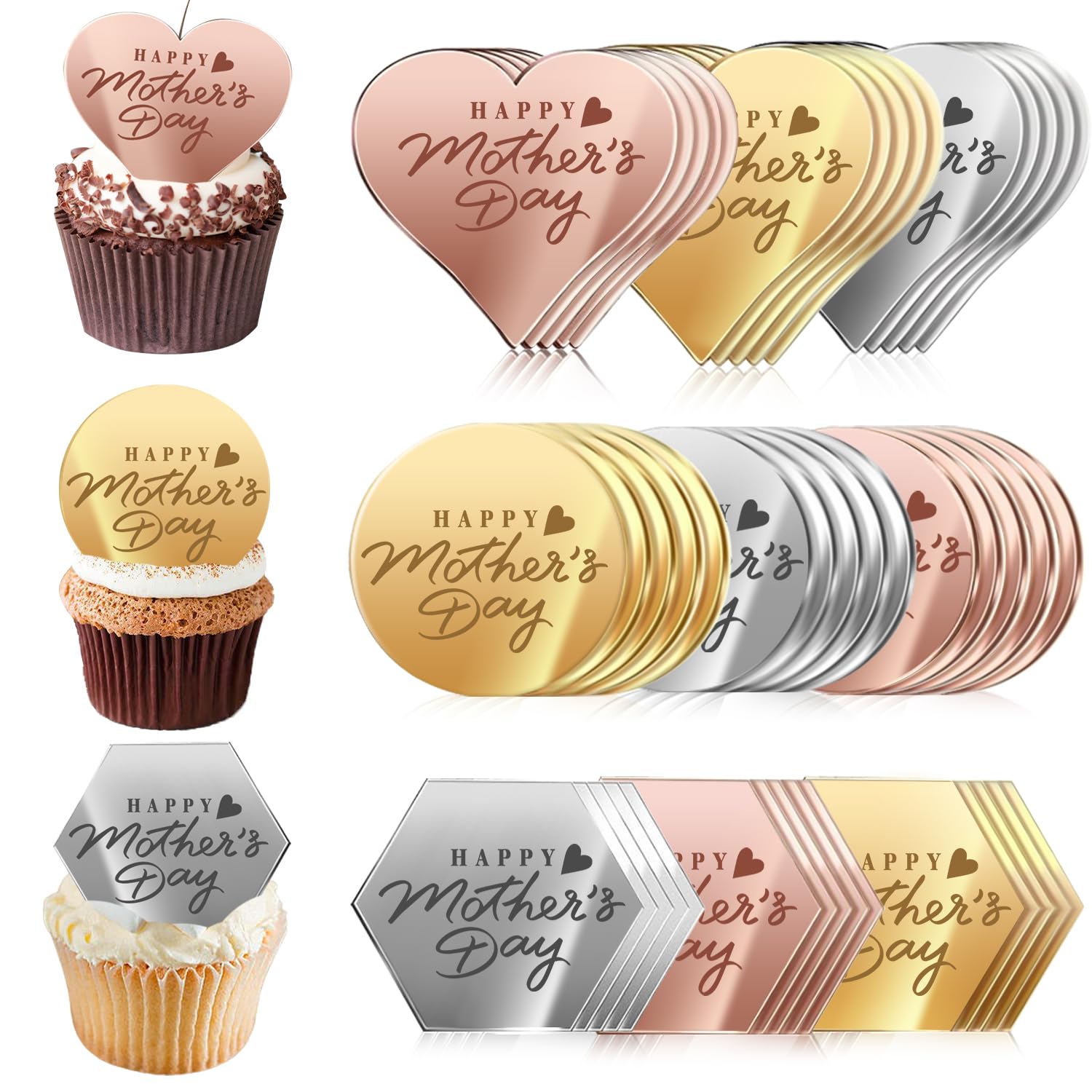 Ansee 45PCS Cake Toppers - Mirror Acrylic Cupcake Picks, Multi-shape, Gold, Silver, Rose Gold for Birthdays, Anniversaries, Pastries