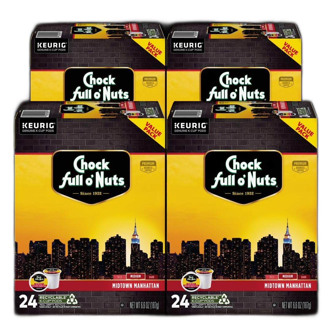 Chock full oNuts Keurig K-Cup Pods - Midtown Manhattan - Medium Roast - Premium Arabica, 24 count, Pack of 4