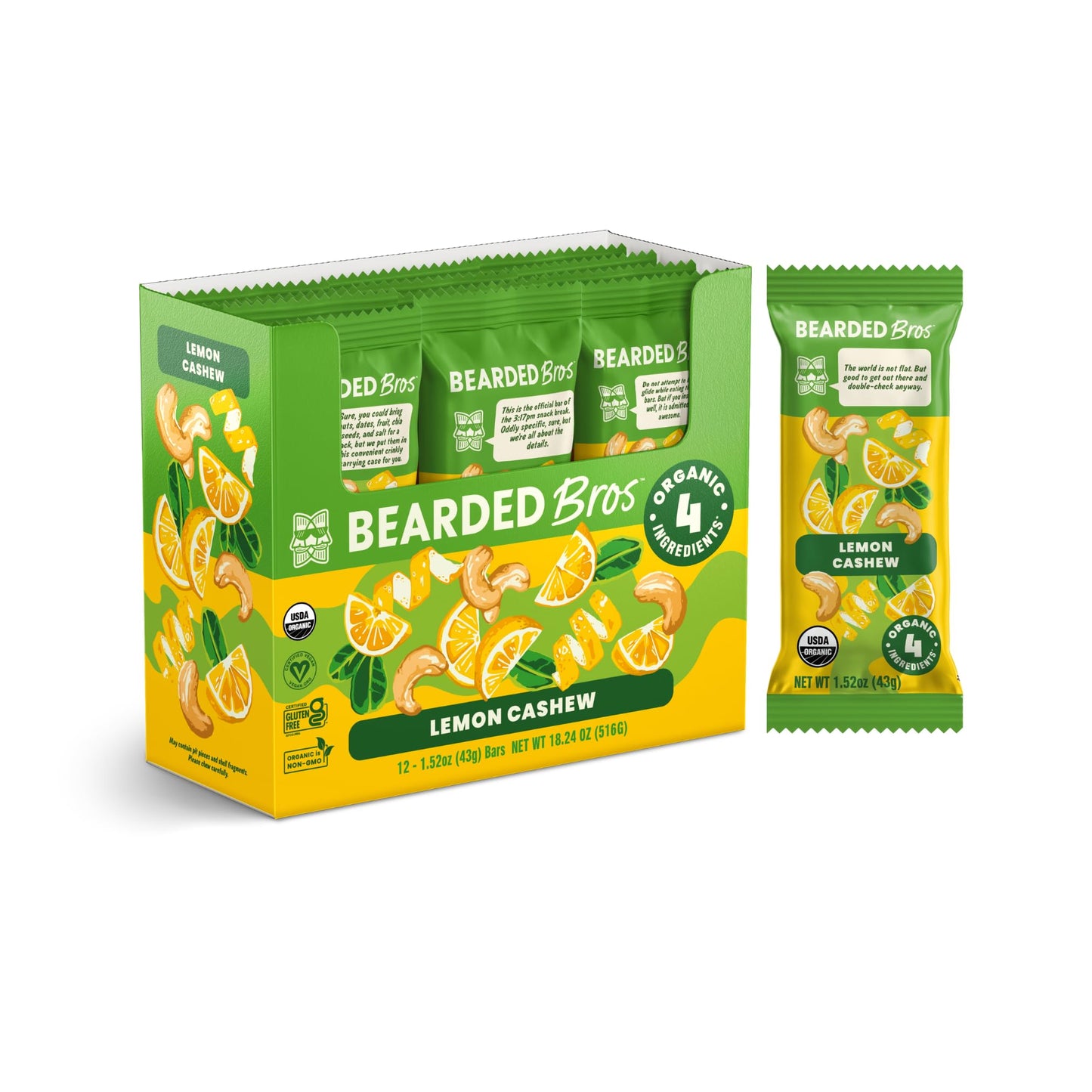 Bearded Brothers Organic Vegan Protein Energy Bars, Lemon Cashew, Gluten Free, 12 Count