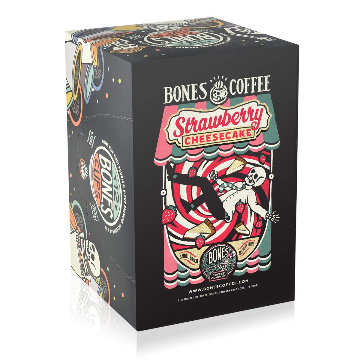 Bones Coffee Company Strawberry Cheesecake Flavored Coffee Pods, Low Acid Medium Roast Single-Serve Bones Cups, Compatible With 1.0 & 2.0 K-Cups Malt-Inspired Coffee Maker, 12 Count