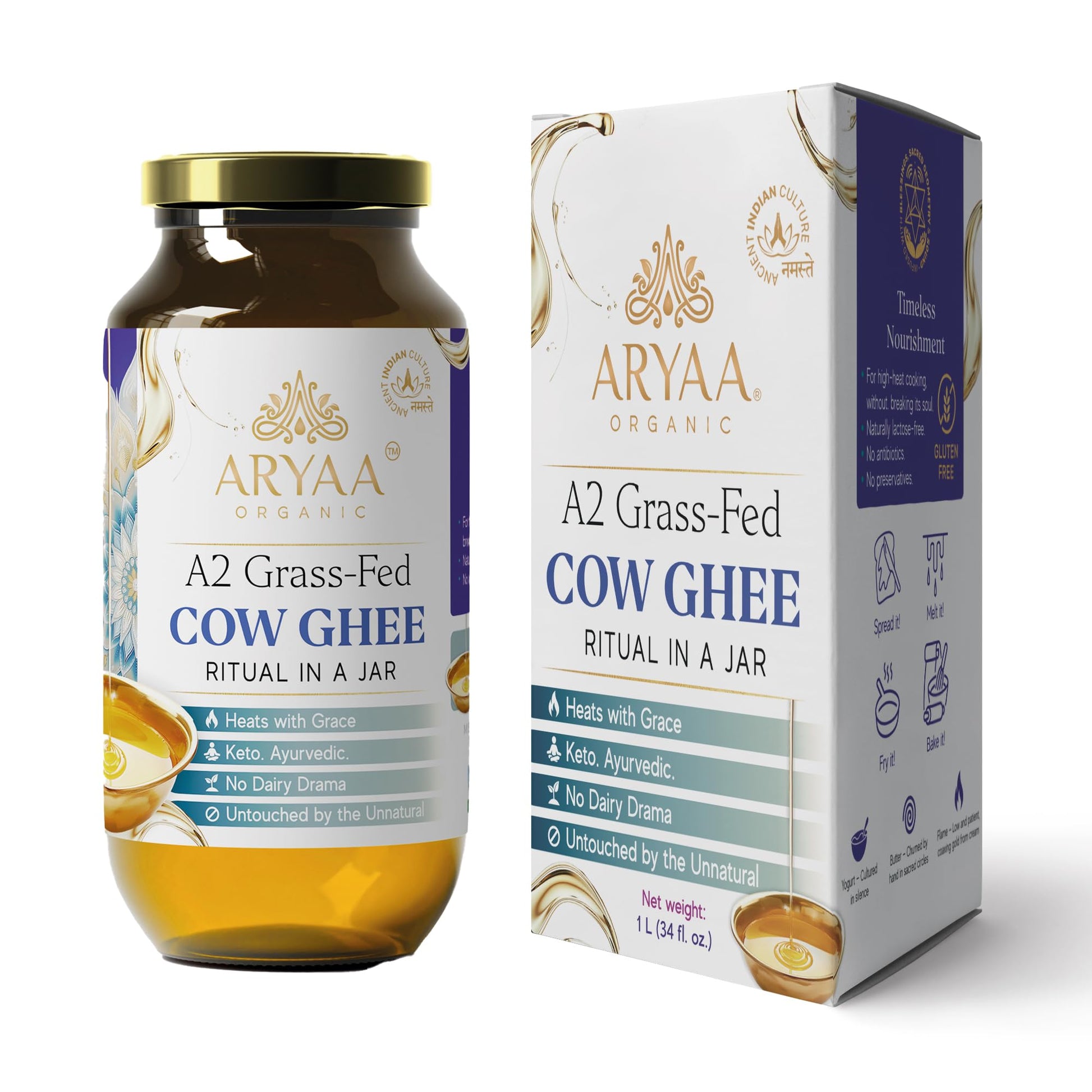 Aryaa Organic A2 Ghee | Grass-fed Cow Ghee  Bilona Method |1Liter (34 fl oz) | enhanced Ayurvedic Elixir | Lactose-free  Non-GMO  Keto-Friendly  Gluten-Free   -Free  Additive Free