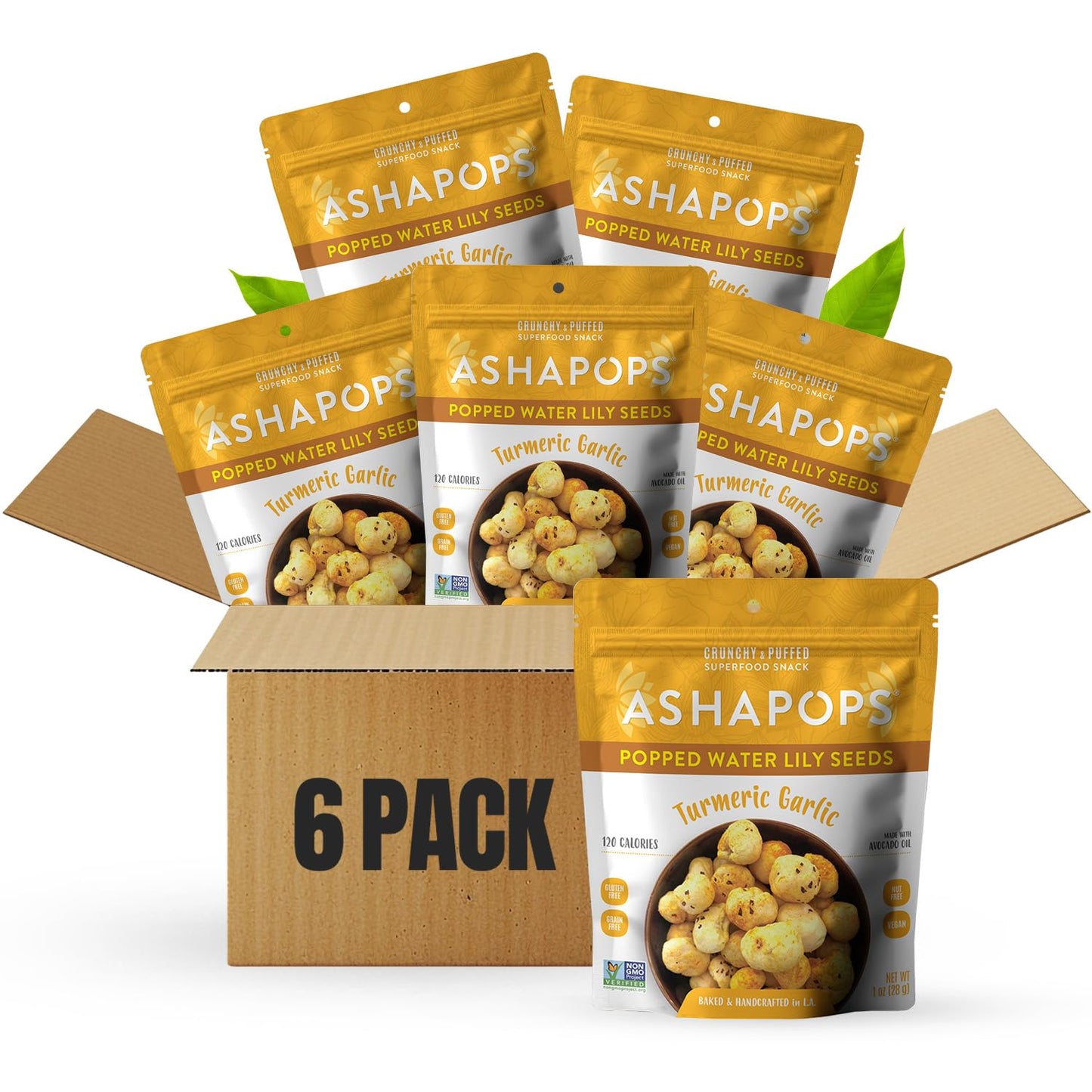 AshaPops Turmeric Garlic Flavored Popped Water Lily Seeds, 1 oz (Pack of 6) - Gluten-Free, Vegan, Paleo, Nut-Free, Corn-Free, So