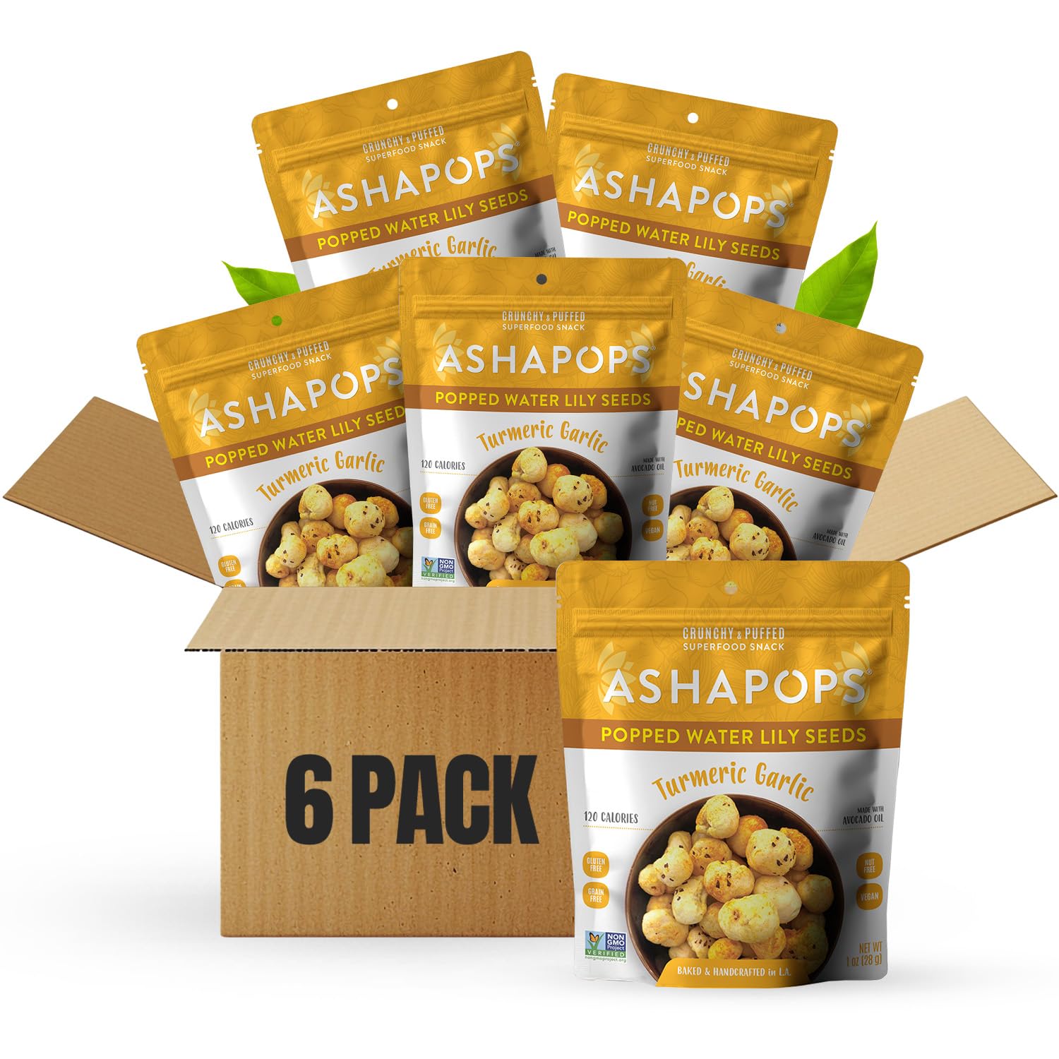 AshaPops Turmeric Garlic Flavored Popped Water Lily Seeds, 1 oz (Pack of 6) - Gluten-Free, Vegan, Paleo, Nut-Free, Corn-Free, So