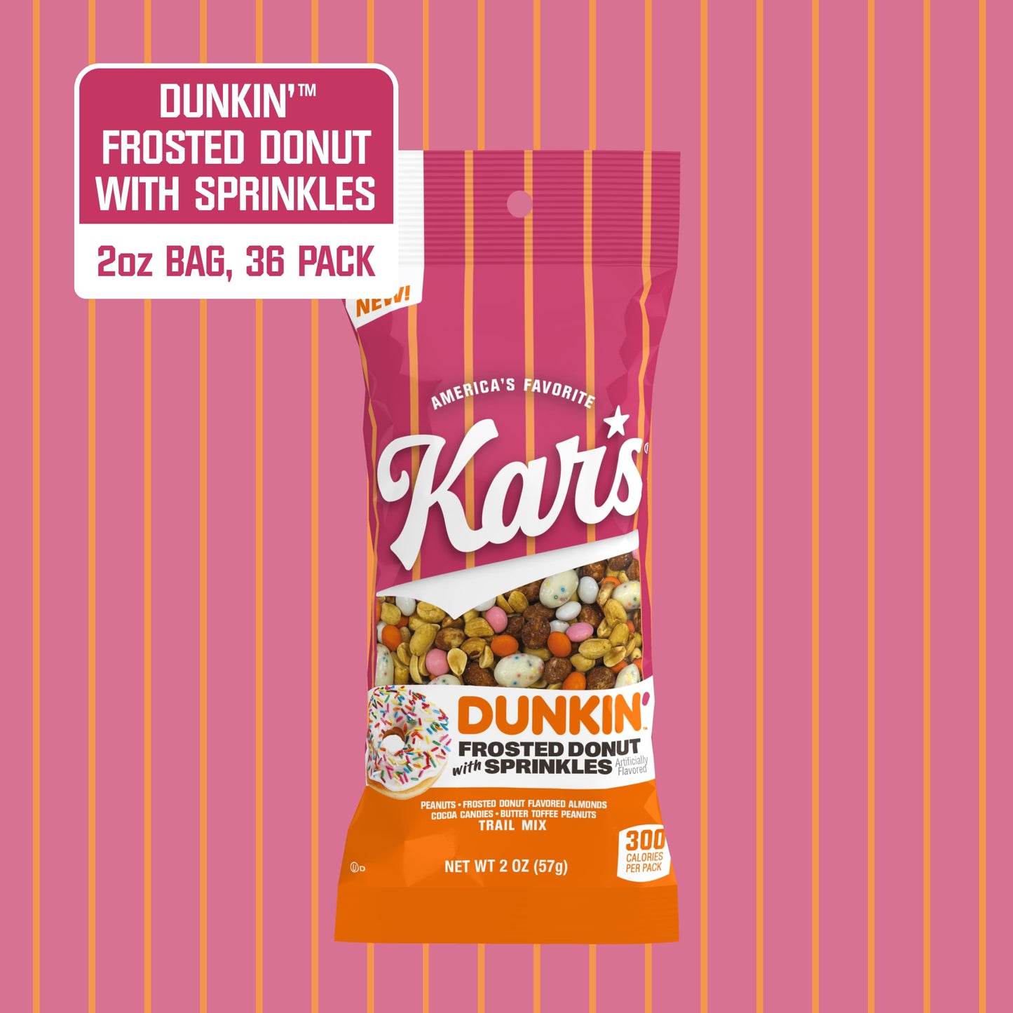 Kars Nuts Dunkin Frosted Donut with Sprinkles Mixed Nuts - Sweet Candy-Coated Nuts Mix, 2oz Grab & Go Bags (Pack of 36) - Trail