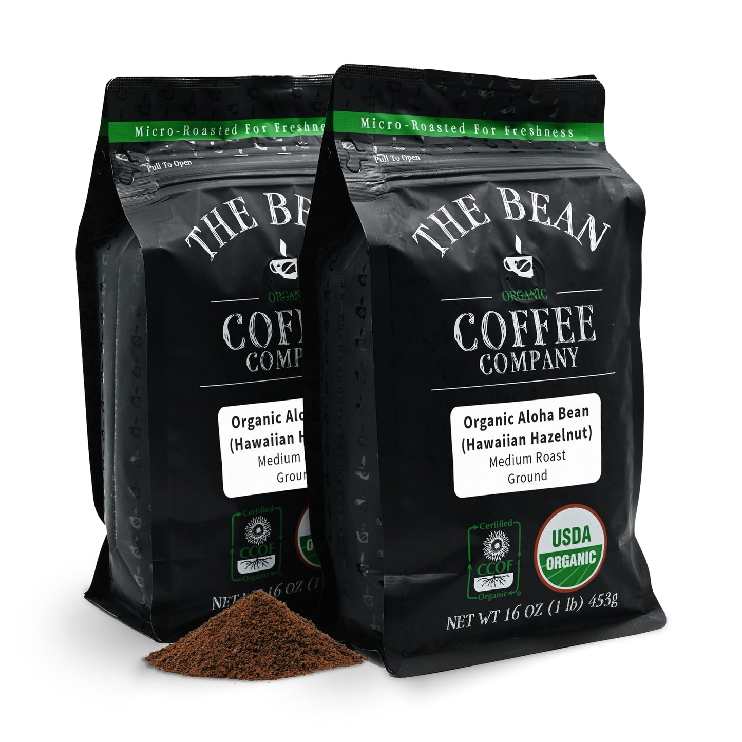 The Bean Organic Coffee Company Aloha Bean (Hawaiian Hazelnut), Medium Roast, Ground Coffee, 16-Ounce Bags (Pack Of 2),Café Molido Tostado Organico