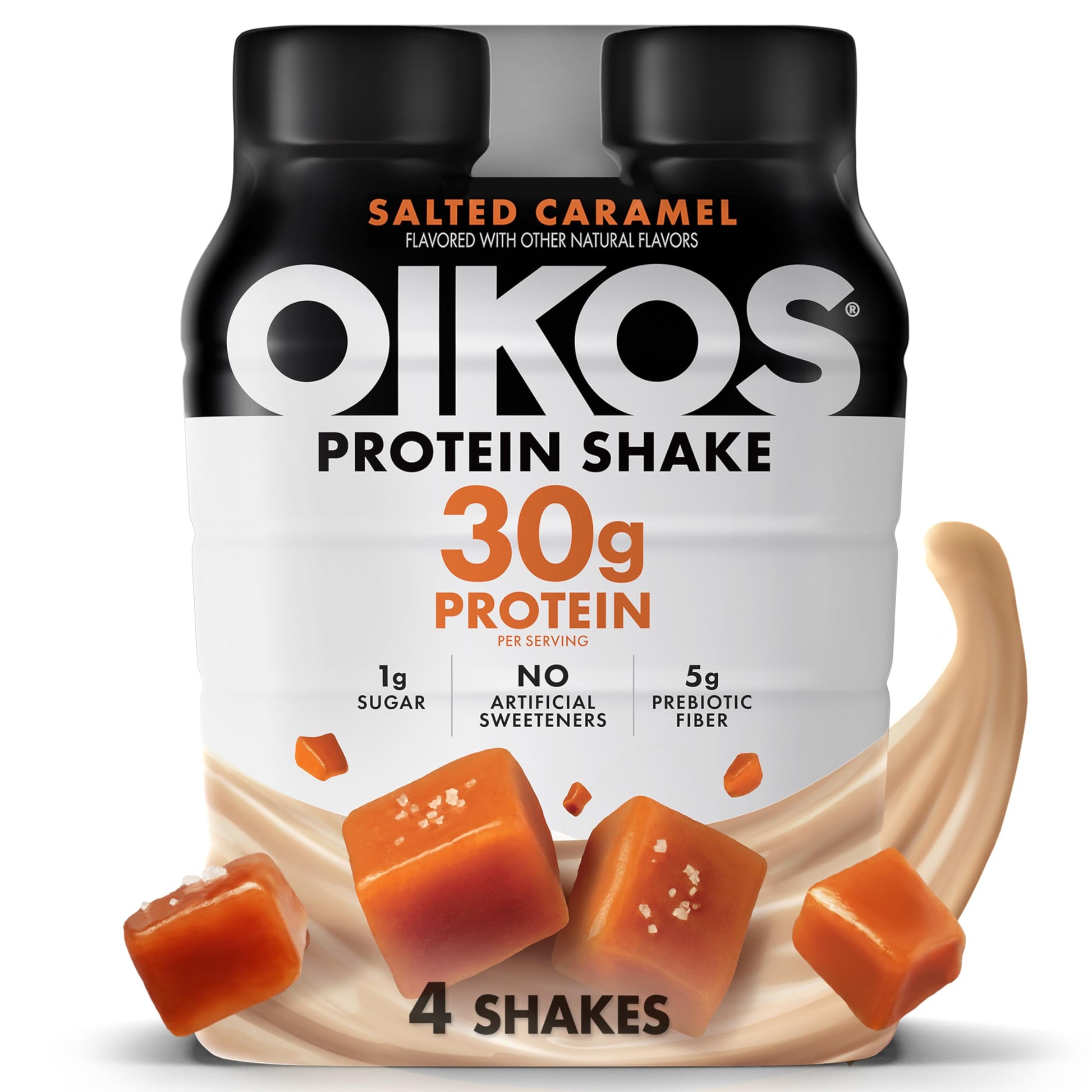 Oikos Protein Shake  Salted Caramel  30g High Protein Drinks  Shelf Stable  Ready to Drink  5g Prebiotic Fiber  12 fl oz Bottle  4 Count
