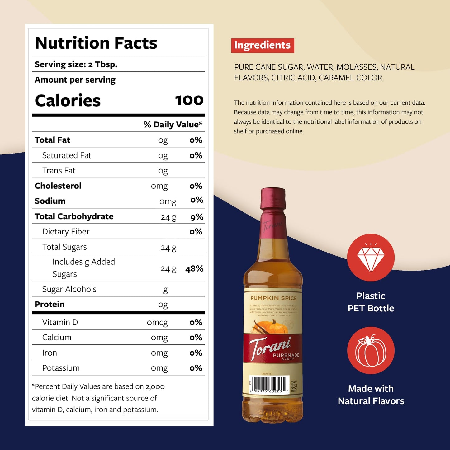 Torani Puremade Pumpkin Spice Syrup for Drinks, 25.4 Fl Oz, Pump Included