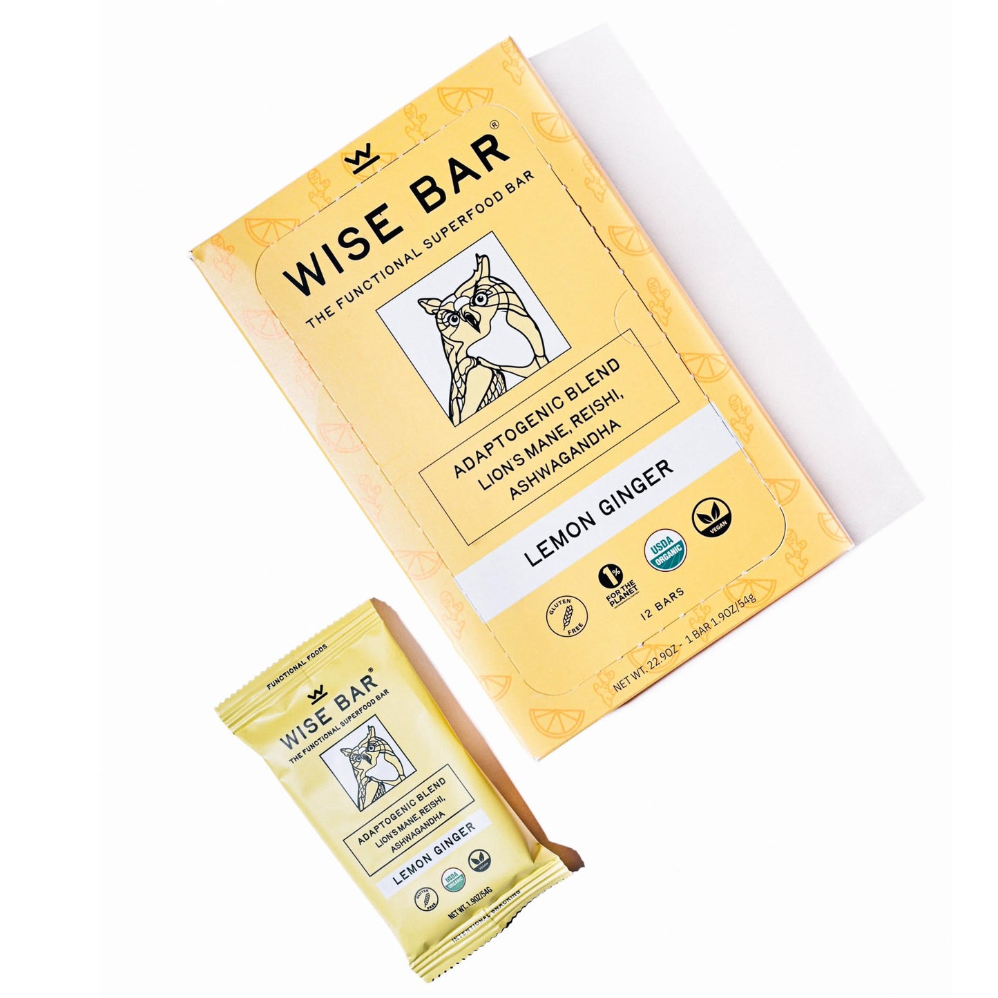 Wise Bar Adaptogen Mushroom Nutrition Bars With Reishi, Lions Mane & Ashwagandha, Organic Vegan & Gluten Free Snacks For Natural Focus, Energy & Immunity Support, Lemon Ginger Flavor, 12 Count