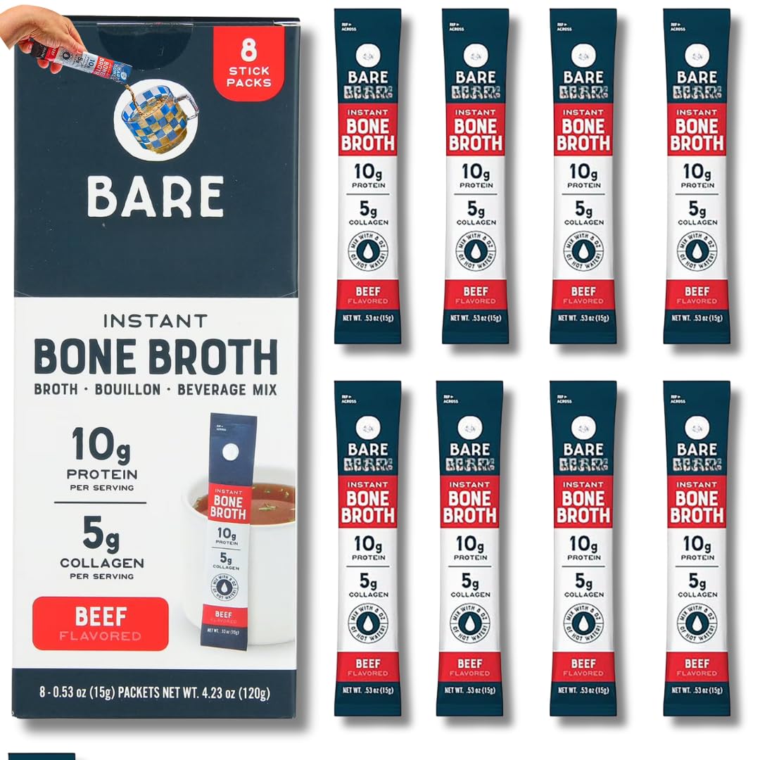 Instant Beef Bone Broth Sticks, 8 Count (4.23 oz) - Savory Beef Broth Powder Packets for Cooking, Soups, and Recipes
