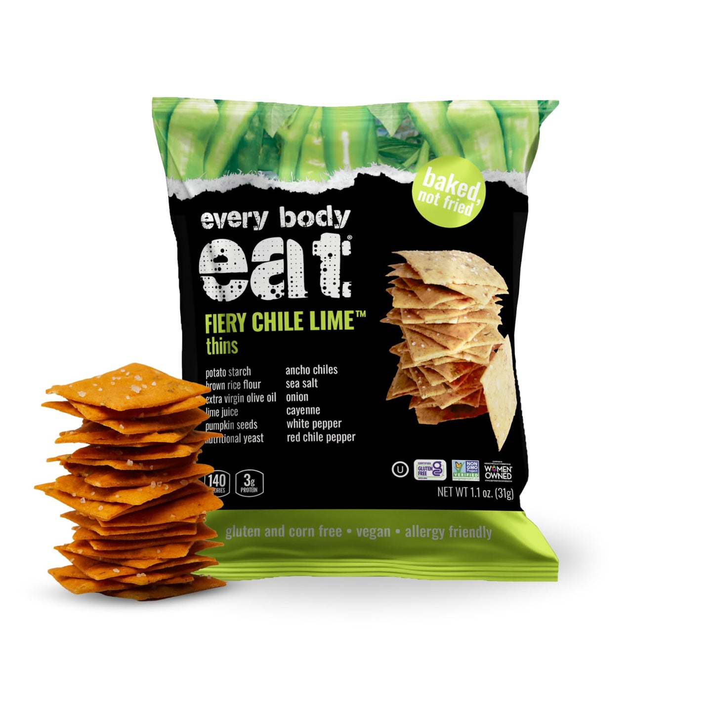 Every Body Eat Snack Thins, Fiery Chile Lime, Gluten & Dairy Free, Vegan, School Lunch Snacks, Single Serve (Pack of 20)