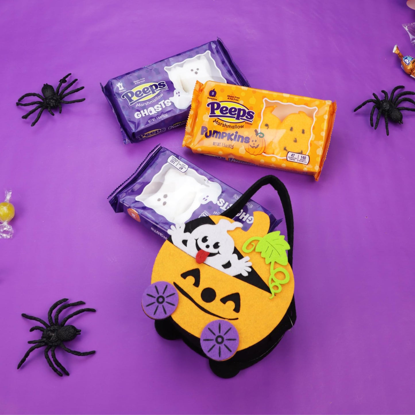 Needzo Peeps Ghosts and Pumpkins Marshmallows with Felt Trick or Treat Tote, Halloween Candy Filled Goodie Bag, 4 Items