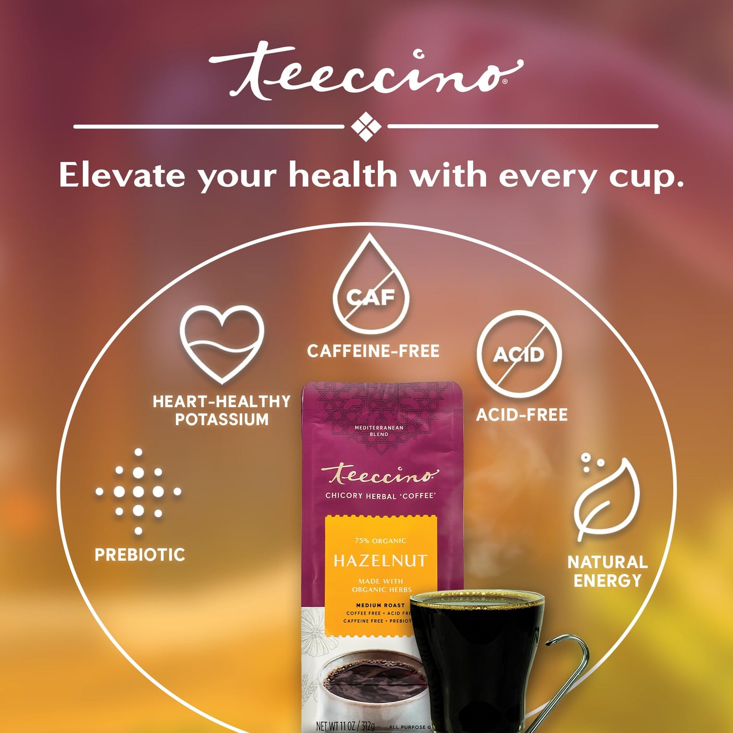 Teeccino Hazelnut Chicory Coffee Alternative, Caffeine-Free, Medium Roast, 11 Ounce (Pack of 6), Natural