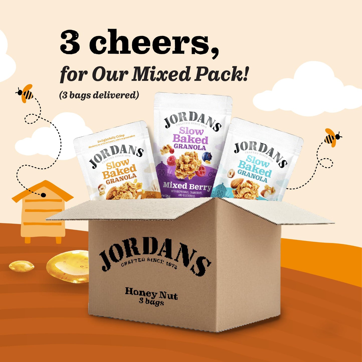 JORDANS Slow Baked Granola Variety Pack - Mixed Berry, Honey Nut, Four Nut - 11.4 oz (3 Pack) - No Artificial Flavors or Preservatives