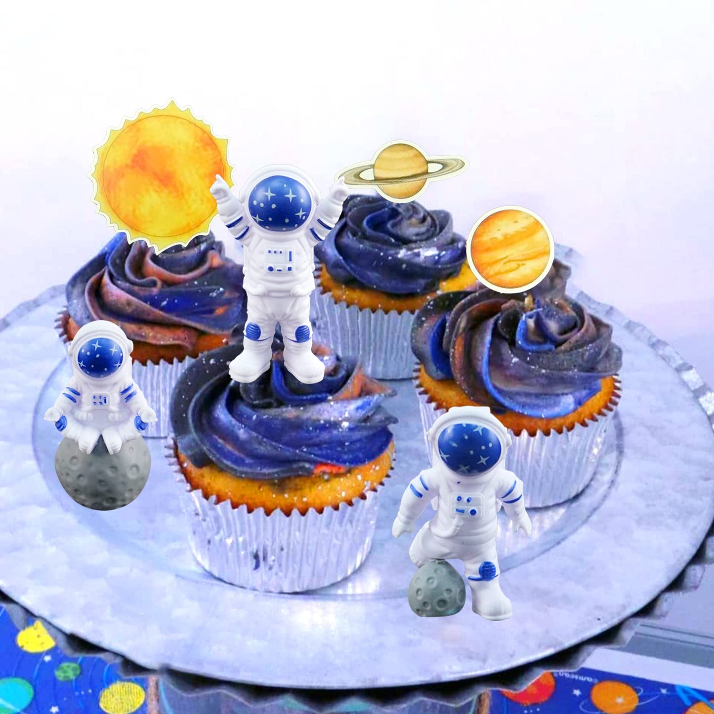 40Pcs Astronaut Space Cake Toppers Outer Space Astronaut Figurine Meteorite Planet Rocket Stars And Gold Silver Ball Space Theme