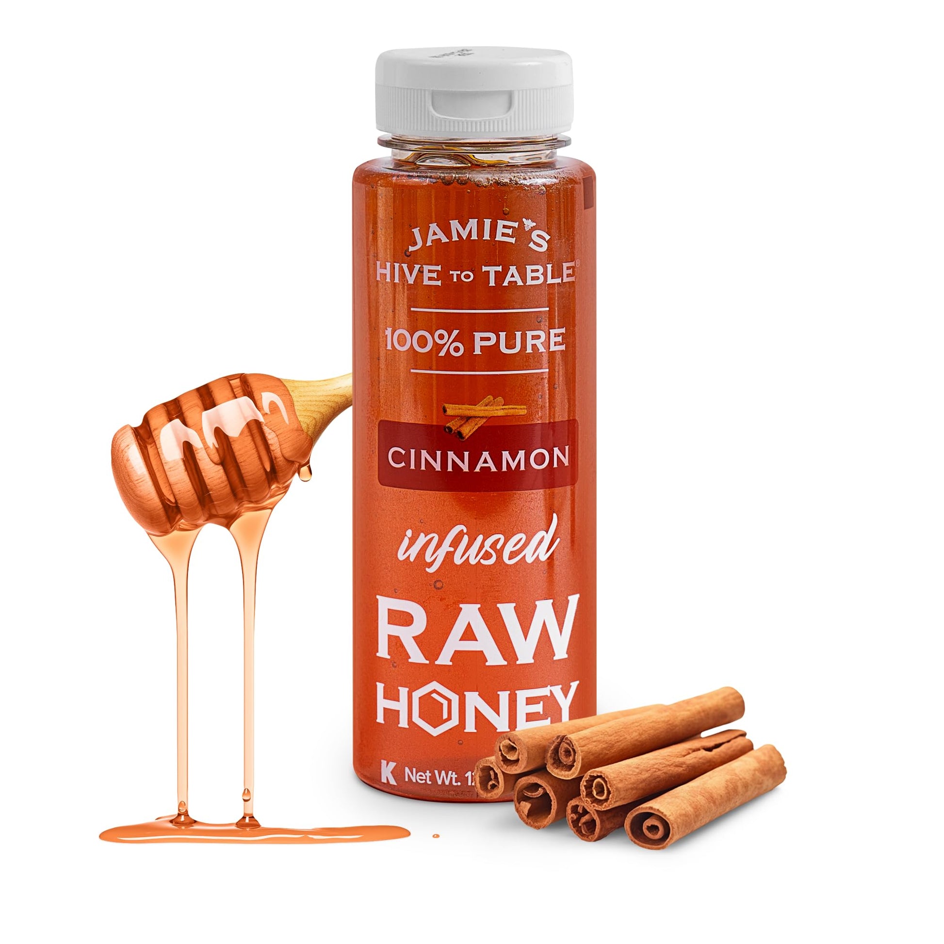 Jamie's Hive to Table Cinnamon Flavored Honey, 12 Oz - 100% Raw & Unfiltered Honey with a Warm & Spiced Flavor - Perfect for Cof
