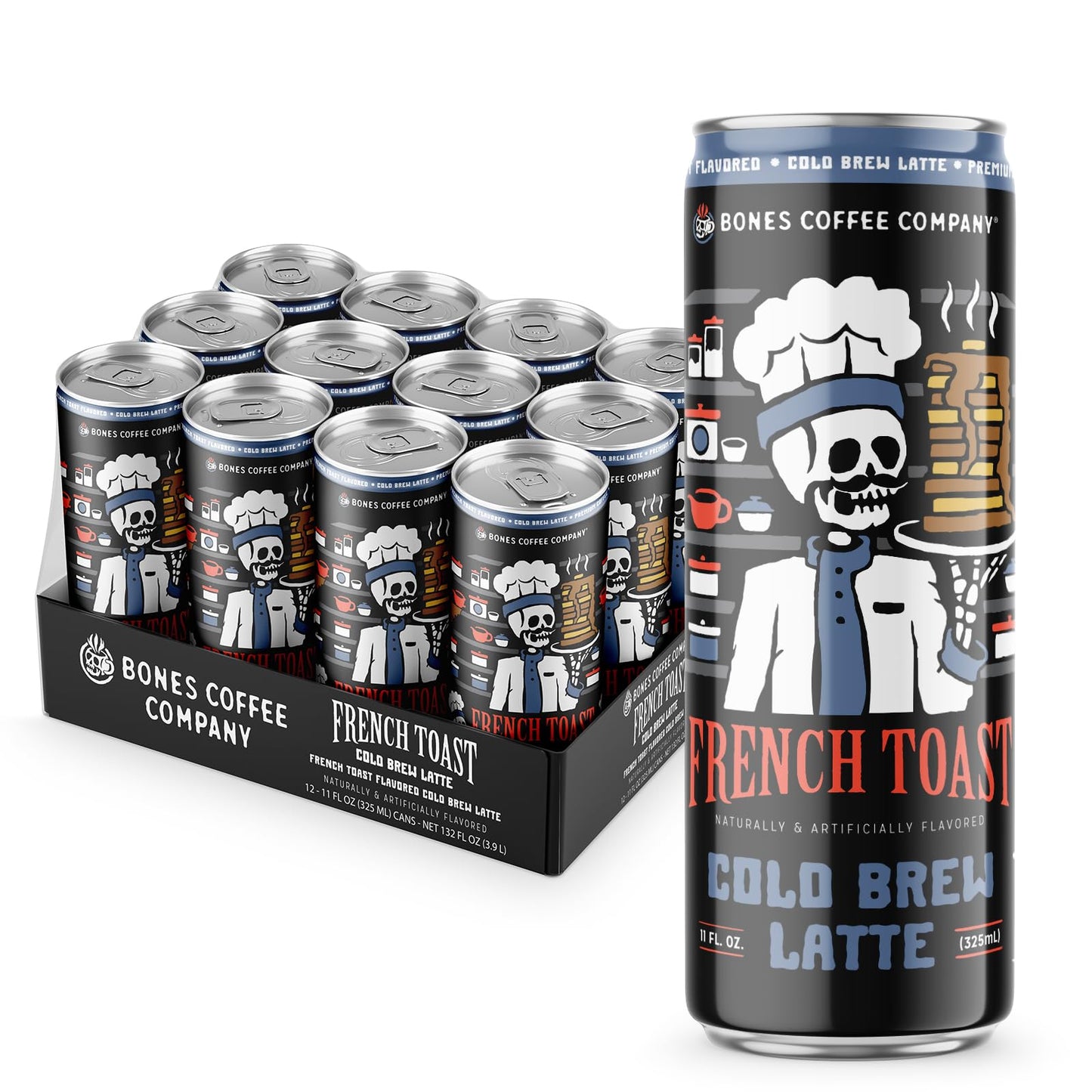 Bones Coffee Company French Toast Flavored Cold Brew Latte, Medium Roast Iced Coffee in Can,Ready to Drink, 11 Fl Oz (12 Pack)