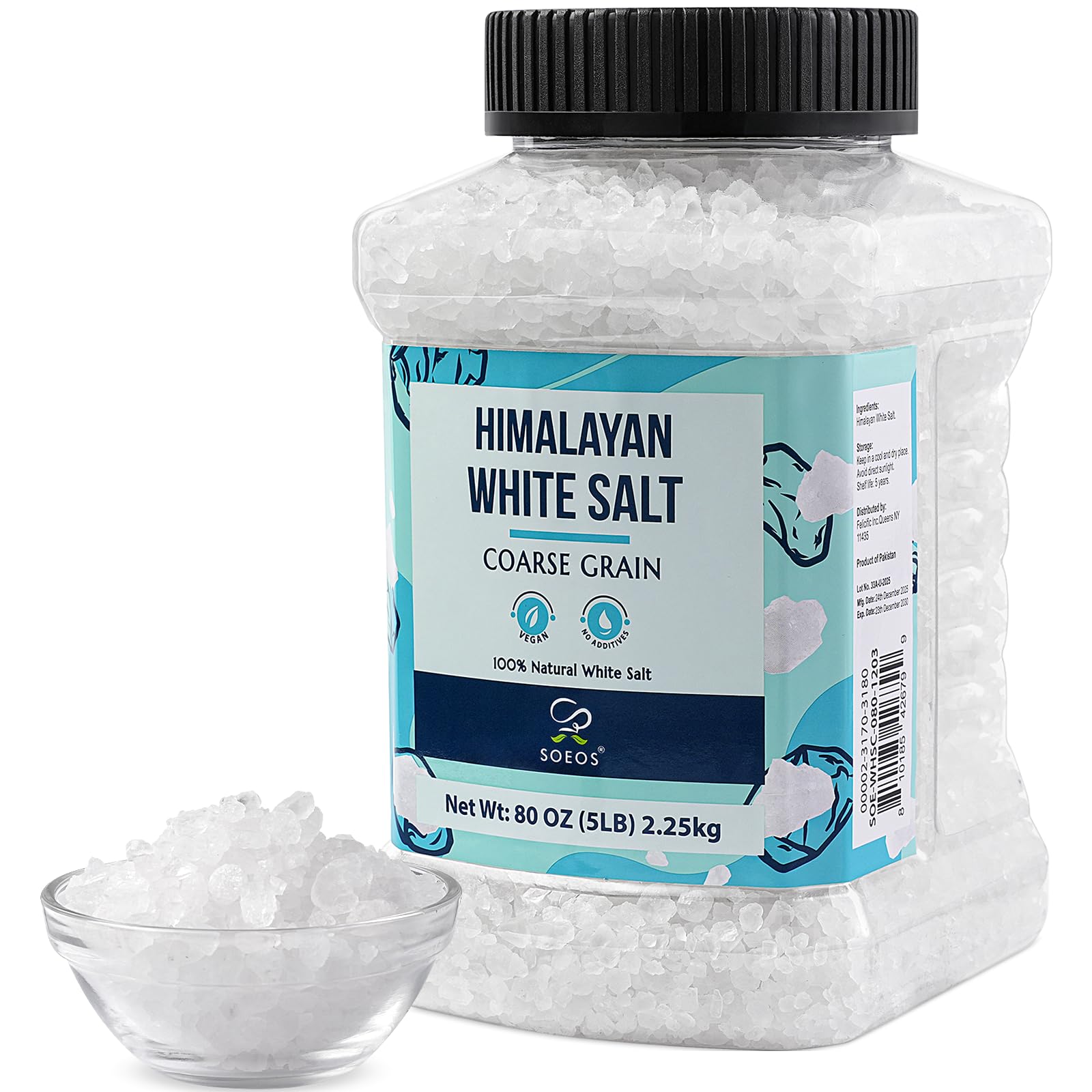 Soeos Himalayan White Salt, Coarse Grain, 80 oz (5 lb / 2.25 kg), Natural Crystal Salt for Grinder Refill, Cooking, Brining & Se