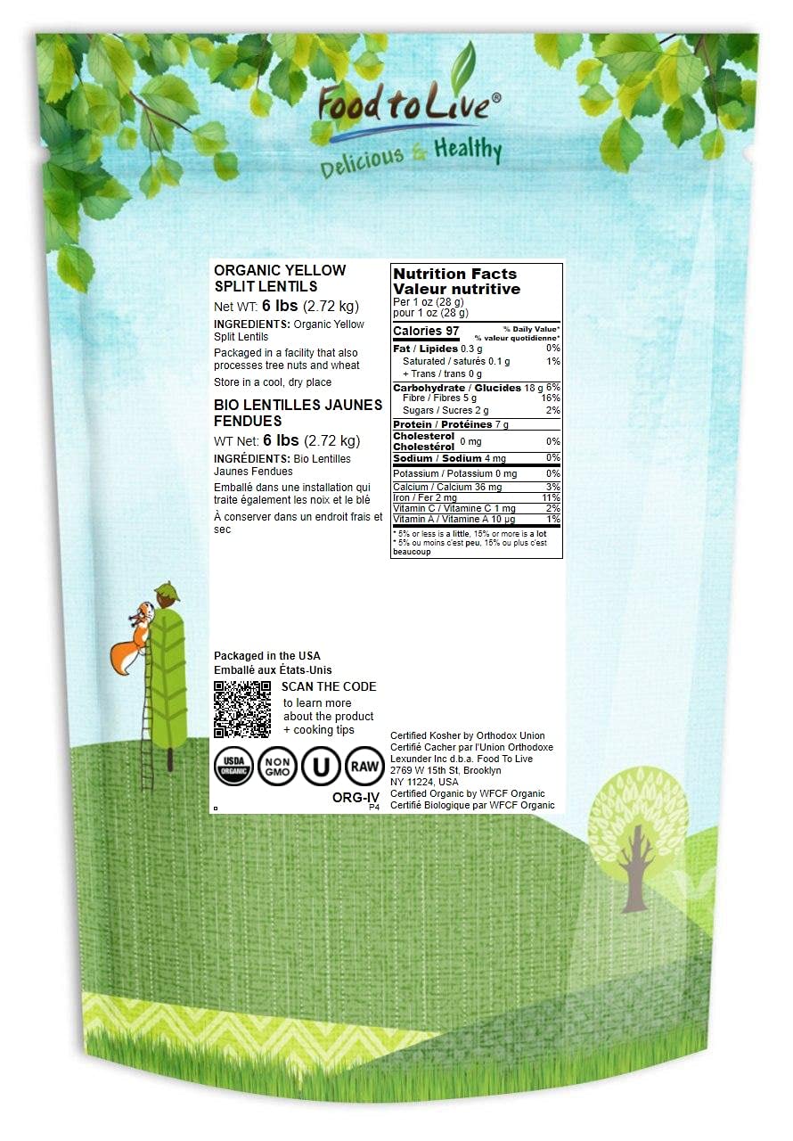 Food To Live Organic Yellow Split Lentils, 6 Pounds Non-Gmo, Raw, Dried, Vegan, Kosher, Bulk, Good Source Of Protein, Fiber, And