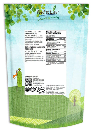 Food To Live Organic Yellow Split Lentils, 6 Pounds Non-Gmo, Raw, Dried, Vegan, Kosher, Bulk, Good Source Of Protein, Fiber, And