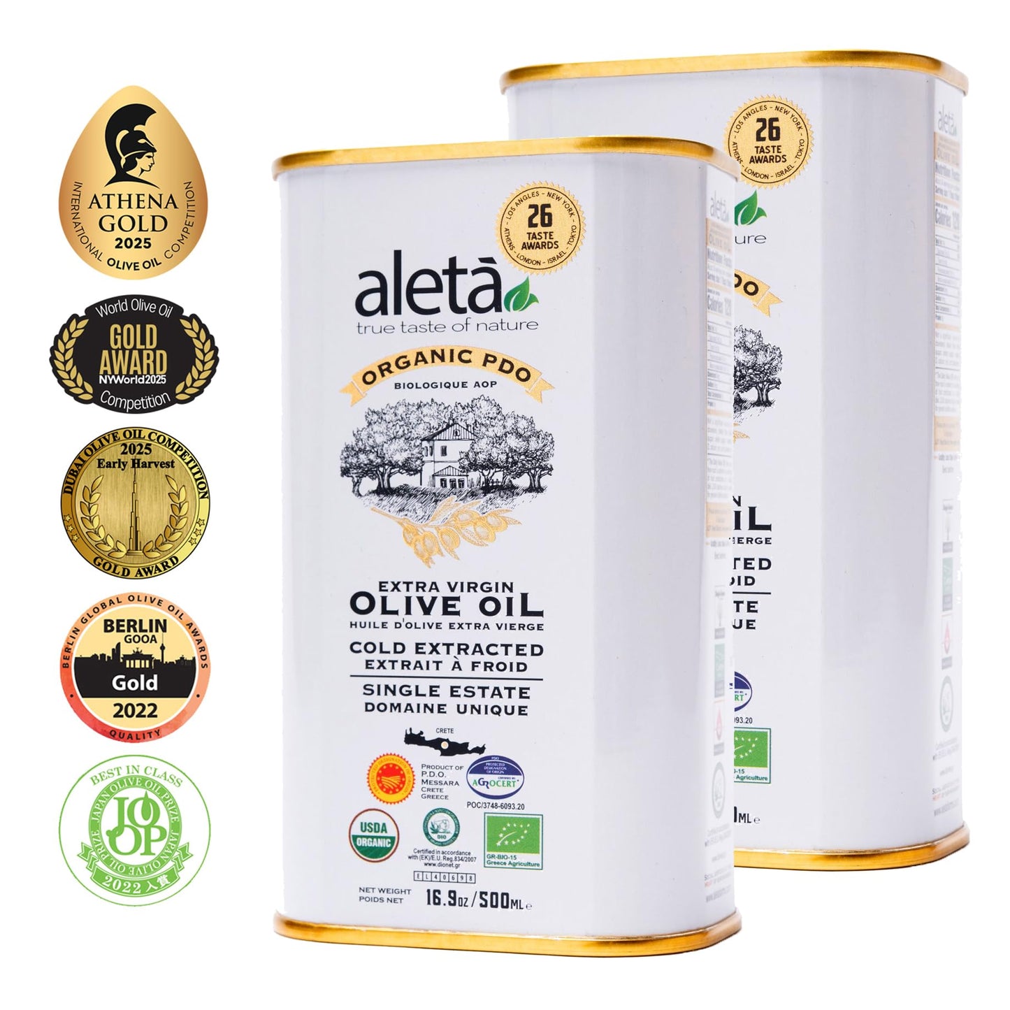 Aleta Farms Extra Virgin Olive Oil, USDA Organic, Cold Pressed, 16.9 Fl Oz (Pack of 2)