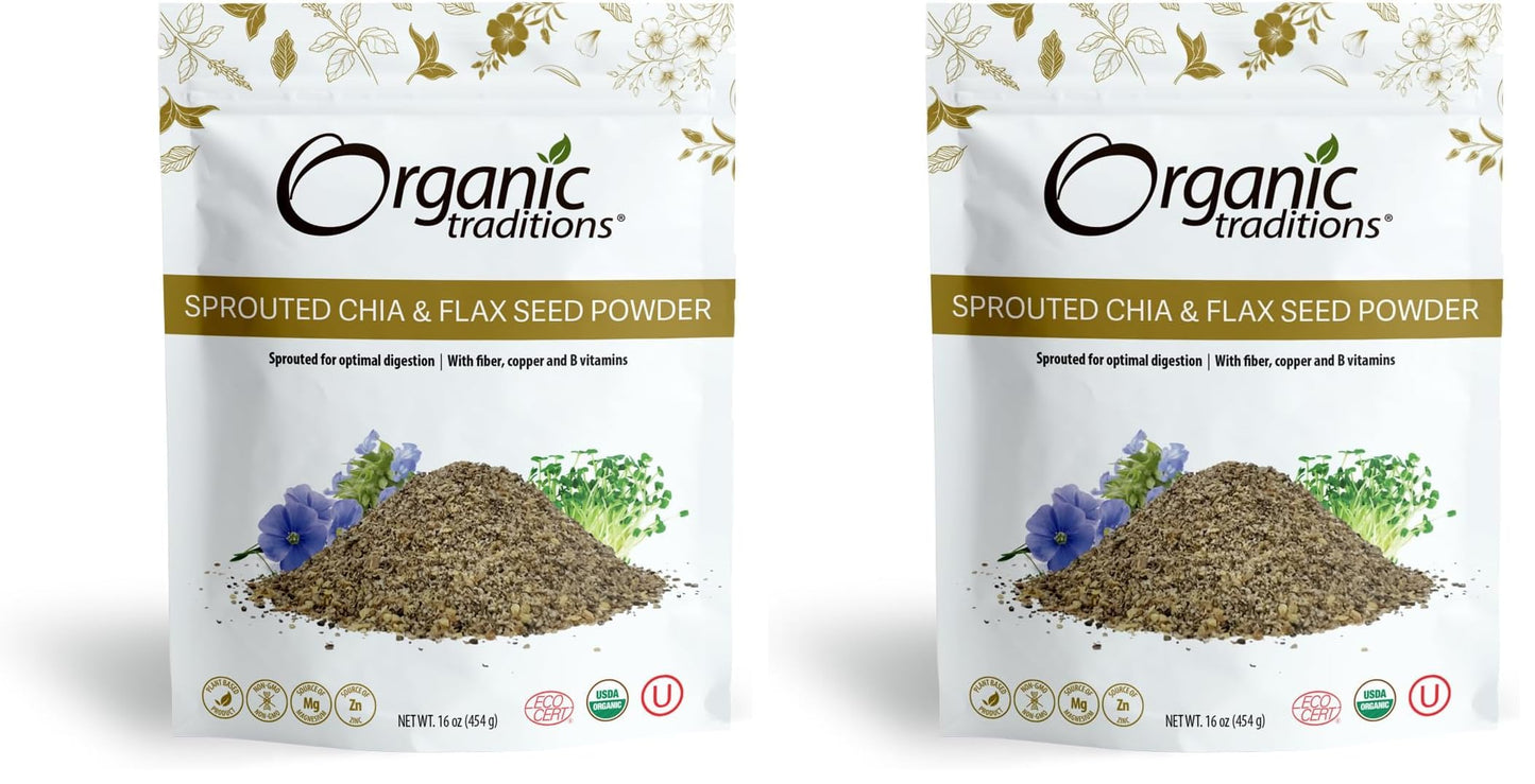 Organic Traditions Sprouted Chia and Flax Seed Powder Organic Chia and Organic Flax for Plant Based Non-GMO Superfood 454g/16oz 