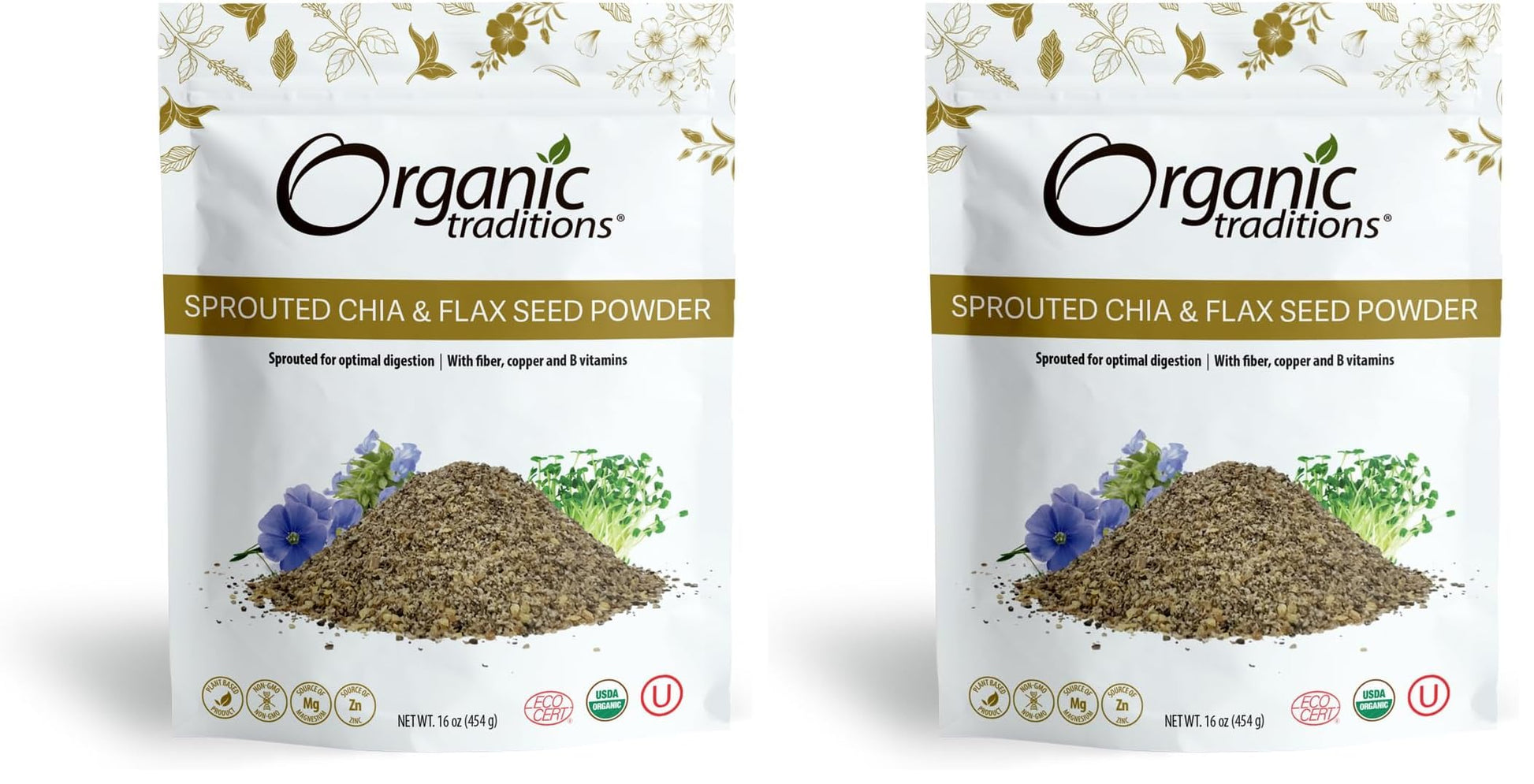 Organic Traditions Sprouted Chia and Flax Seed Powder Organic Chia and Organic Flax for Plant Based Non-GMO Superfood 454g/16oz 