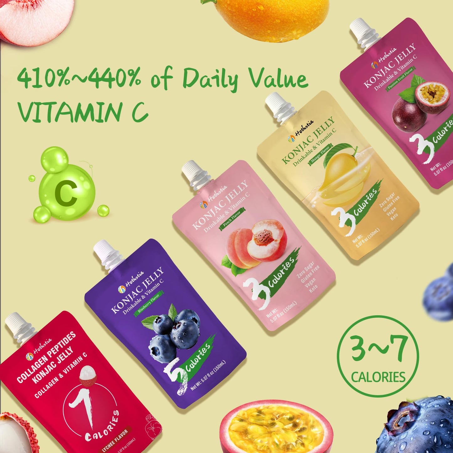 Hethstia Konjac Jelly Pouch Drinkable Variety Pack - Low Calorie, Gluten-Free, Vegan, Keto, Vitamin C, 10 Pack - Lychee, Blueber