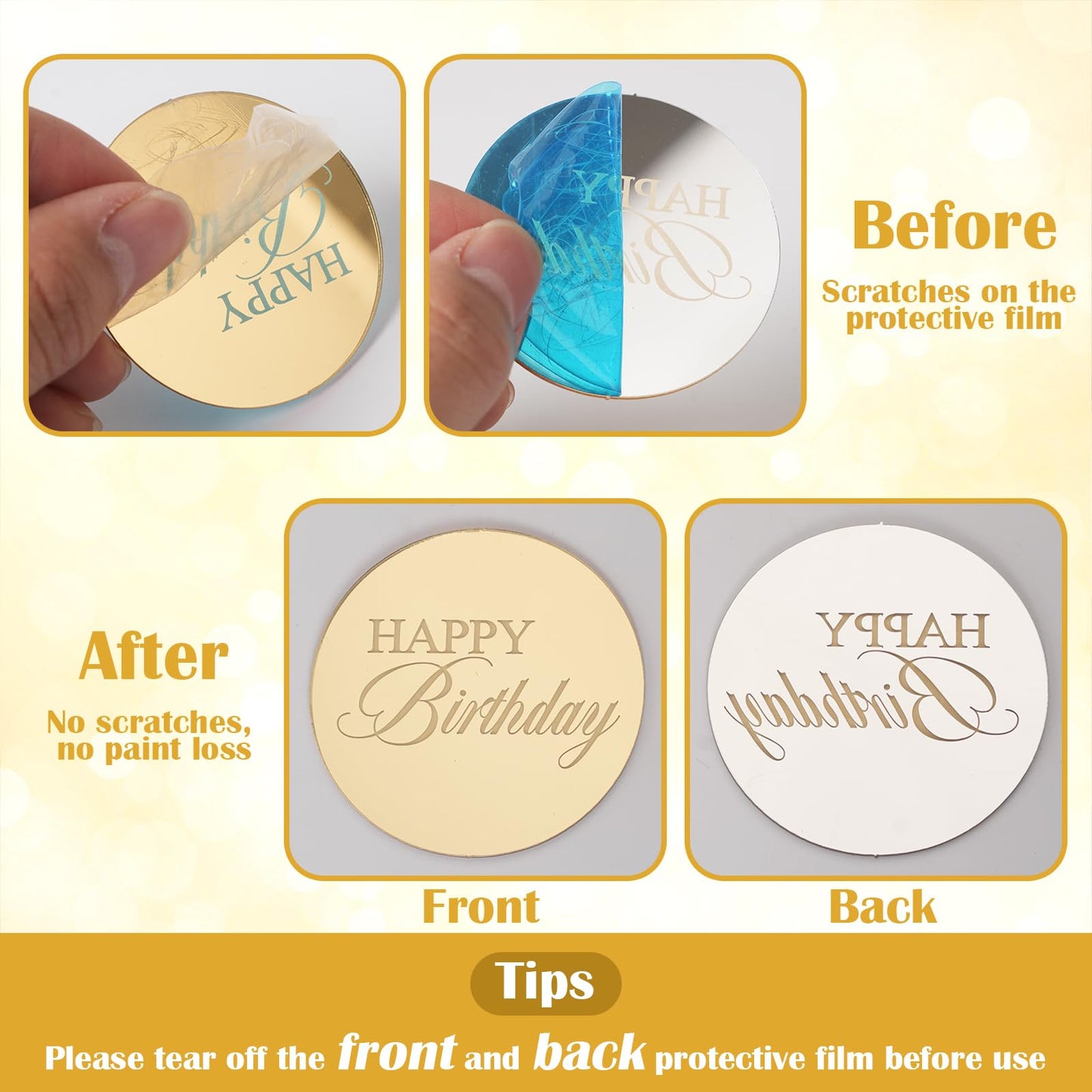 Wolpark Gold Mirror Acrylic Cupcake Toppers, 20pcs, 1.97 inches, Engraved Cake Picks for Birthday Party Decorations