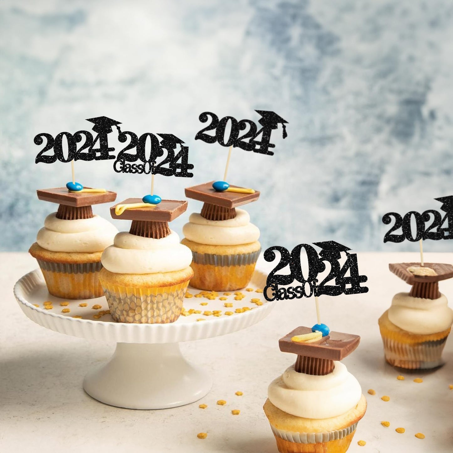Gyufise 24Pcs 2024 Graduation Cupcake Toppers Black Glitter Class Of 2024 Cake Toppers Grad Cap Cupcake Picks Cake Decorations F
