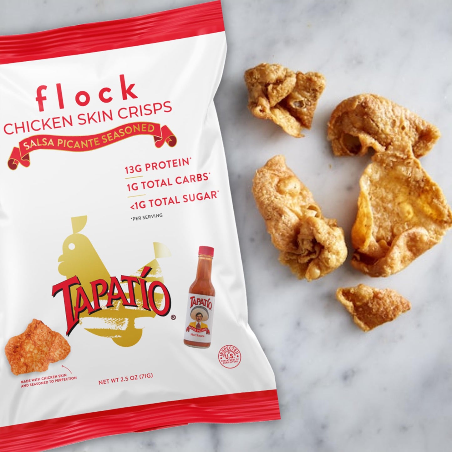 Flock Keto Chicken Skin Chips | Tapatio Flavor | Low Carb, High Protein, Sugar Free, Gluten Free Fried Chicken Skins - Chicken C