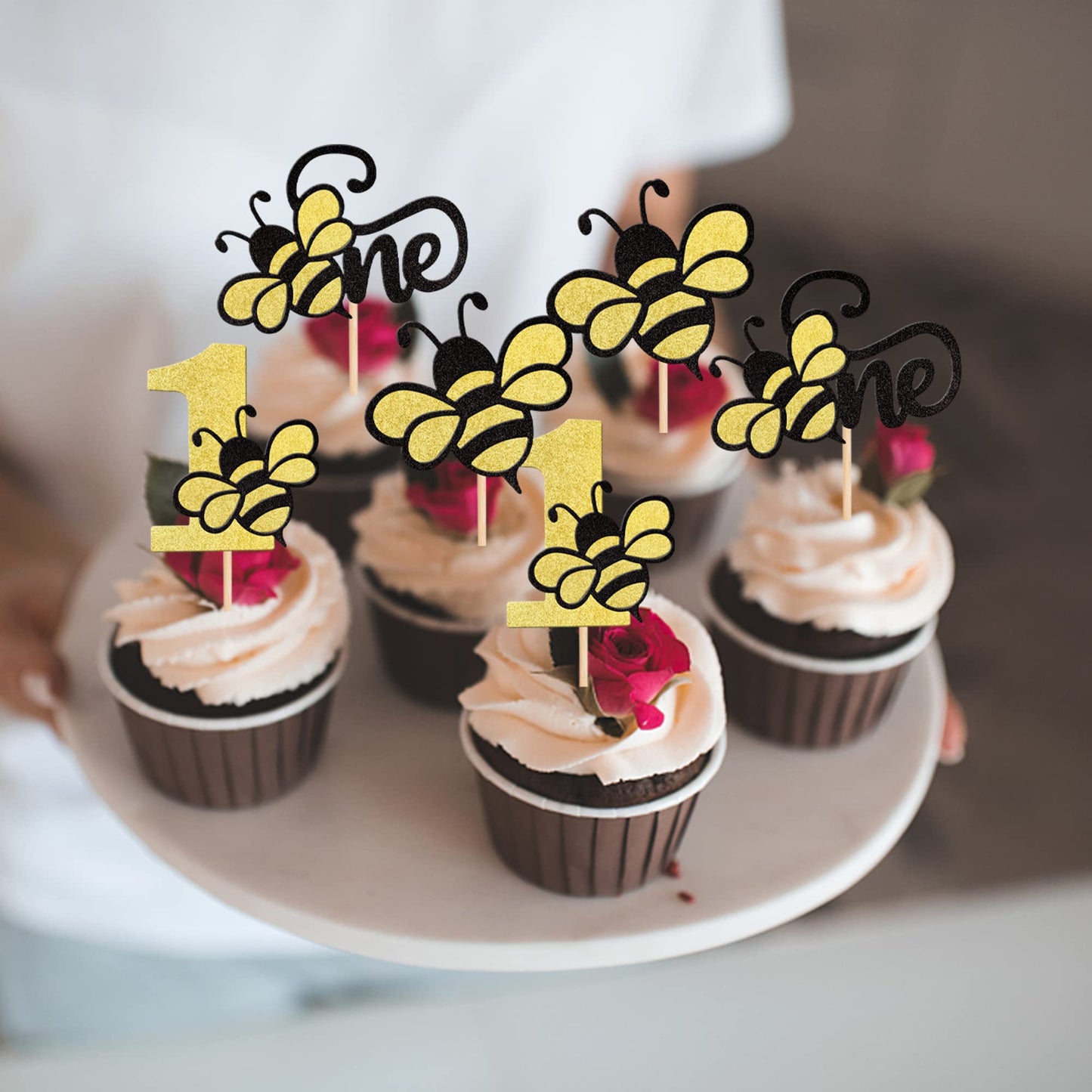 24 Pcs Bumble Bee One Cupcake Toppers Black And Gold Glitter Number 1 Bee Cupcake Picks First Birthday Cake Decorations For Baby