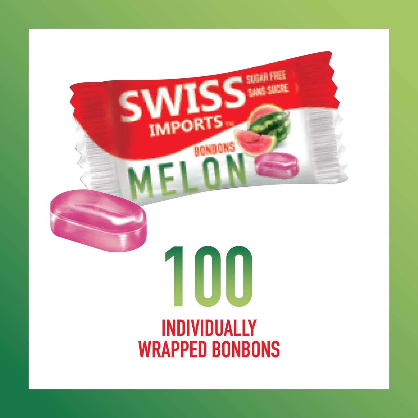Swiss Imports Sugar Free Bonbons Hard Candy Drops, Melon, 100 Individually Wrapped Pieces, 250G/8.8Oz