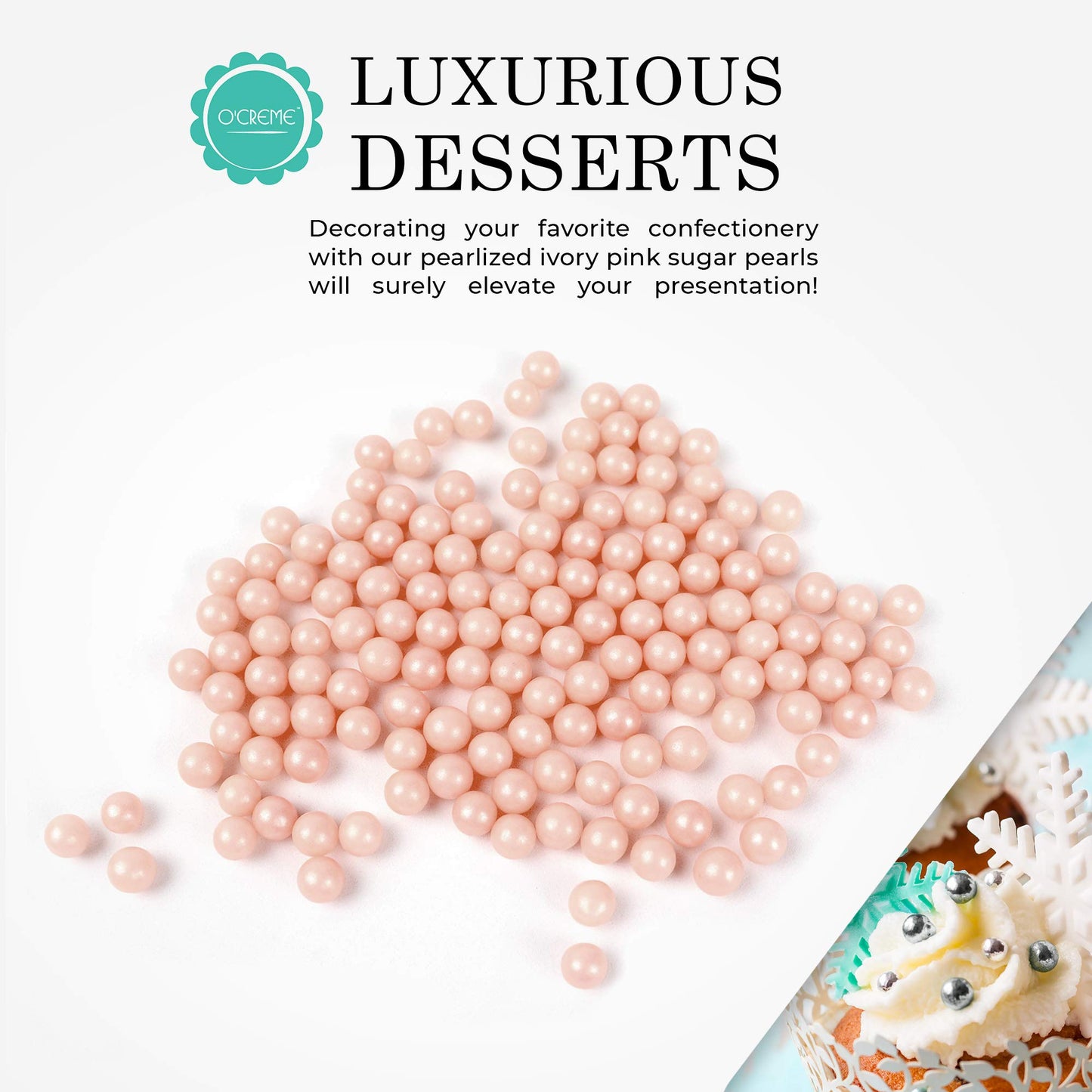 OCREME Edible Sugar Pearls Cake Decorating Supplies, 2mm, 8 Oz, Pink, Cookie & Cupcake Toppings, Certified Baking Beads