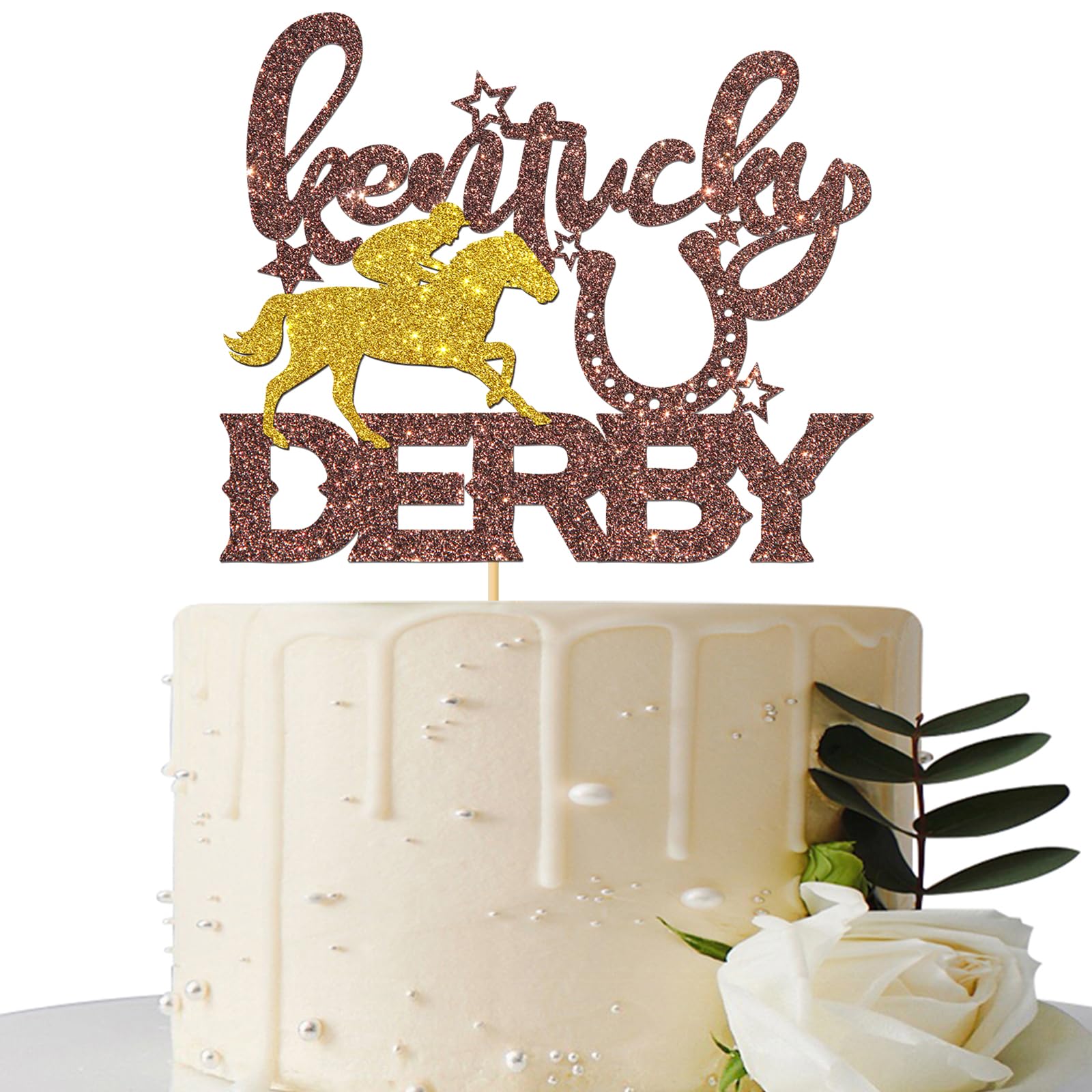 Maicaiffe Derby Cake Topper, Racing Horse Theme Decorations, Brown Glitter, Paper, Ideal for Birthday Party Supplies