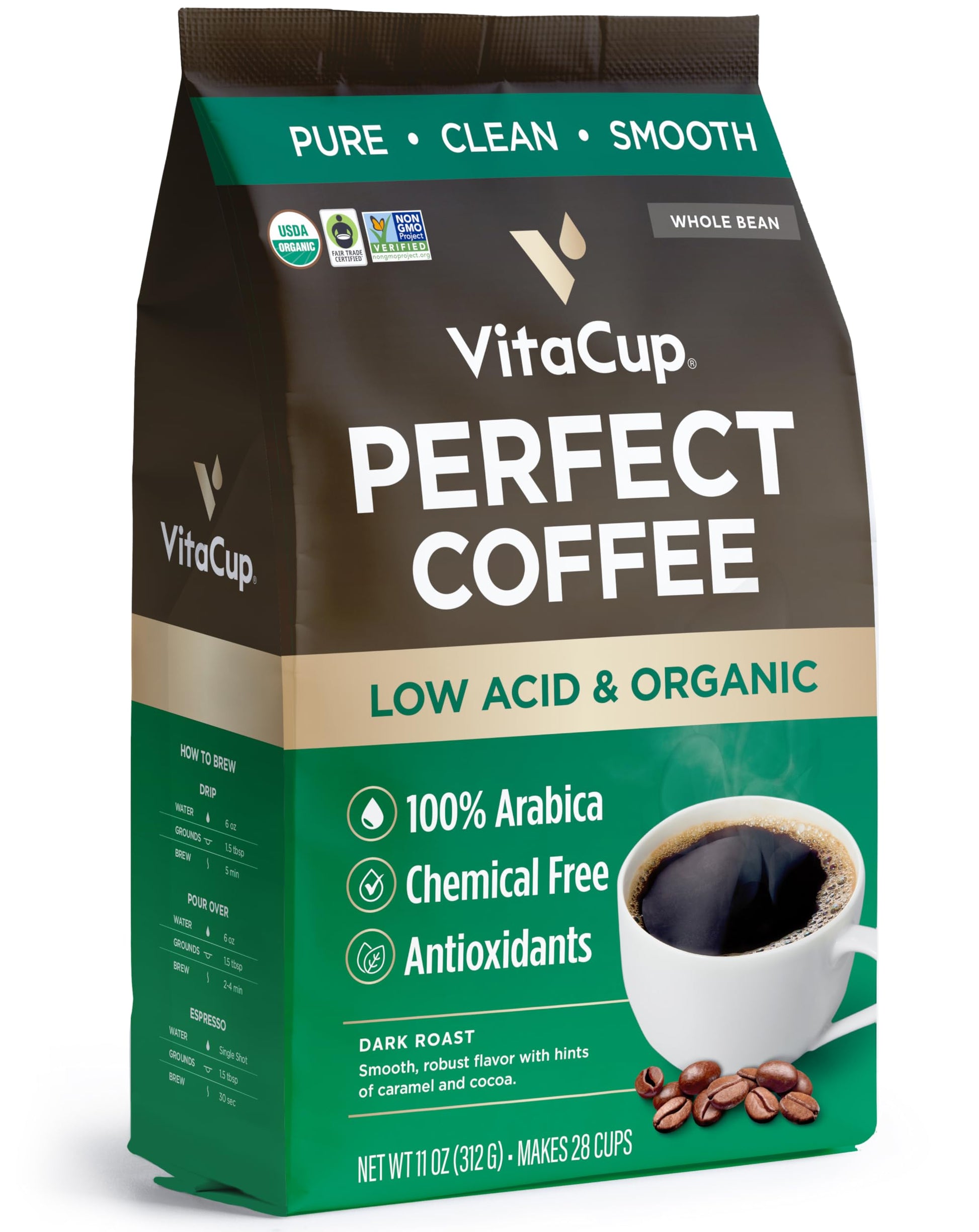 VitaCup Dark Roast Whole Bean Coffee, USDA Organic, Fair Trade, Low Acid, Mycotoxin Free, 11 oz